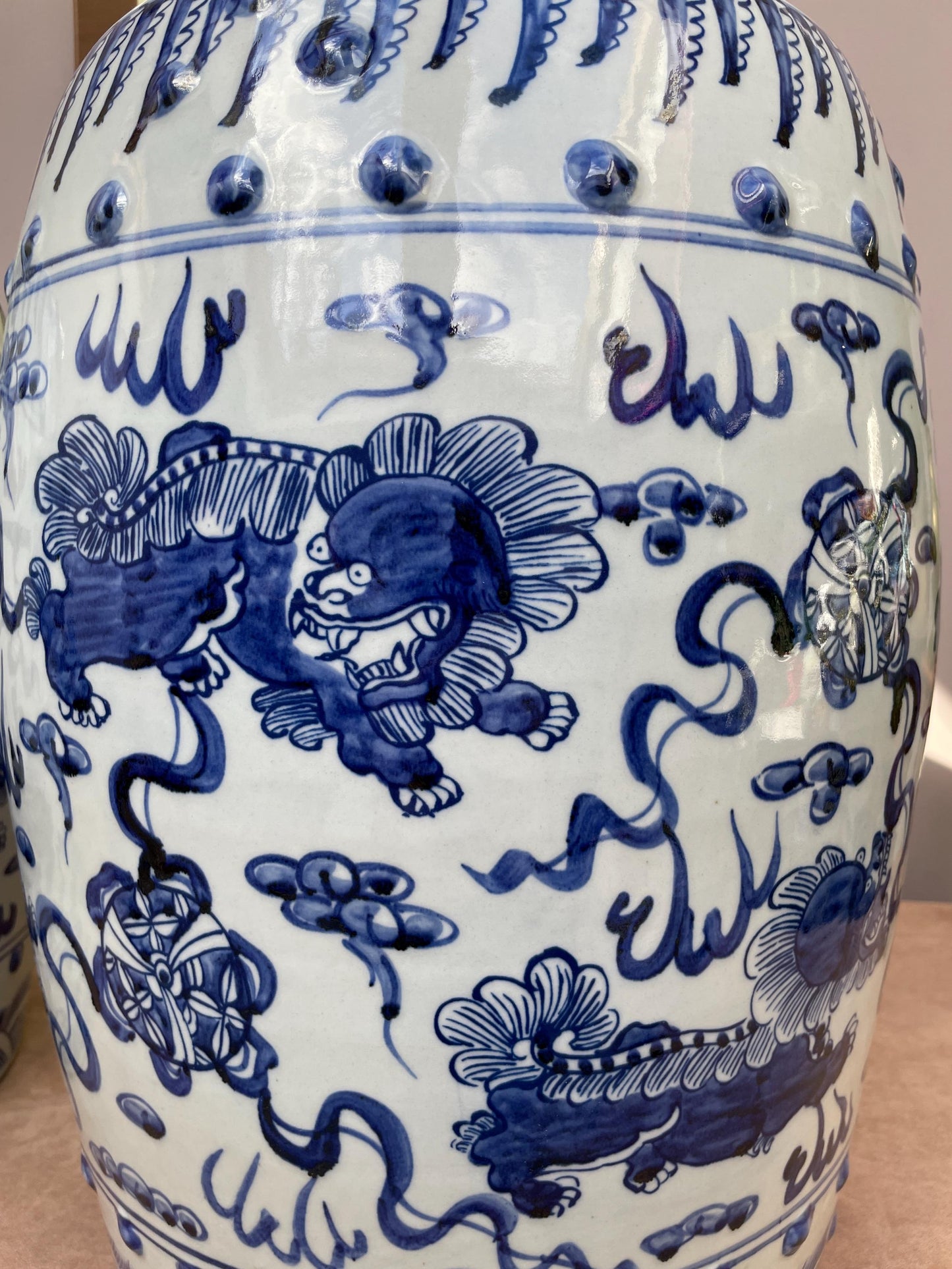 Large Blue and White Porcelain Garden Stool 100% Hand Painted Foo Dog Ceramic Seat, Chinoiserie Drum Stool, Guardian Lion Side Table Heavy.