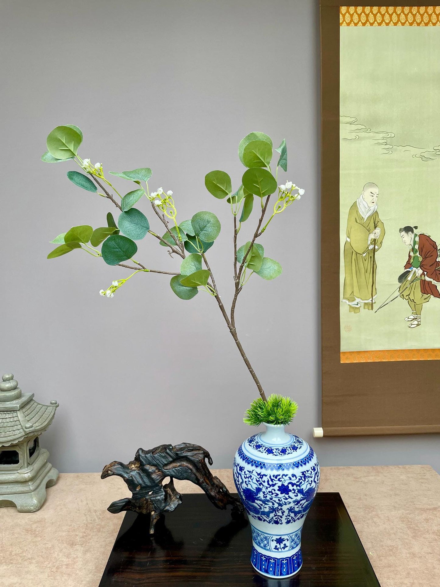 Faux Seeded Eucalyptus Stem, Round Leaf Greenery Branch, Large Artificial Foliage, Chinoiserie Vase Filler, Lifelike Greenery for Home