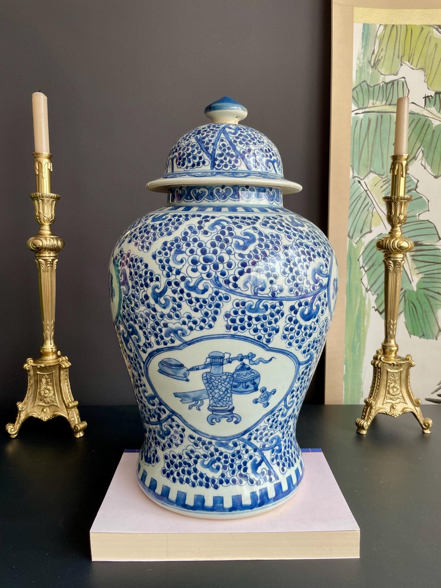 Monumental 50cm Hand-Painted Blue White Temple Jar Pair | Super-Sized Prunus & Antiquities Motif Covered Ginger Jars
