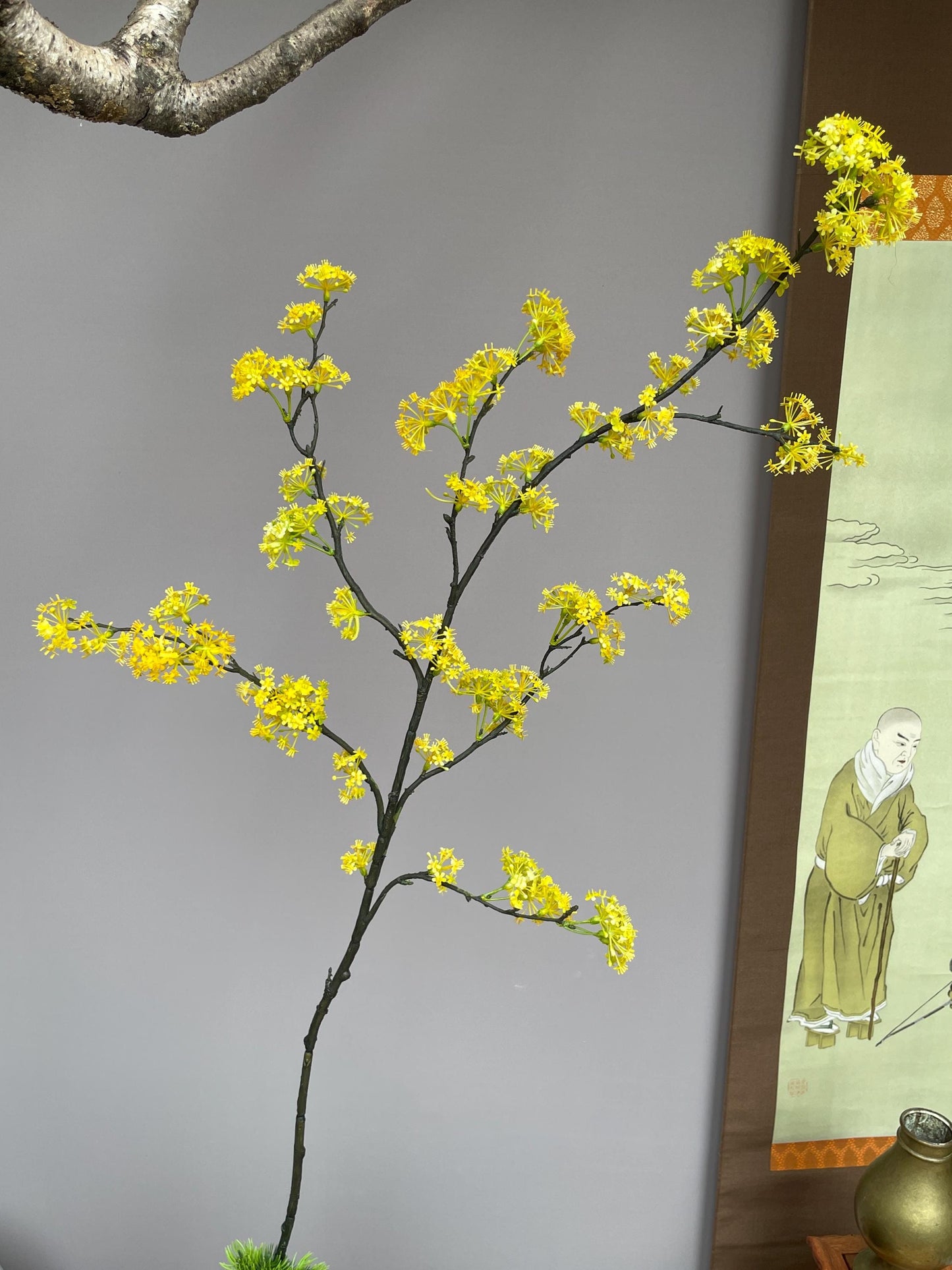 Realistic Faux Cornus Officinalis Yellow Flower Branch - Japanese Cornel Dogwood Artificial Stem Zen Minimalist Home Decor Tea Room Ornament