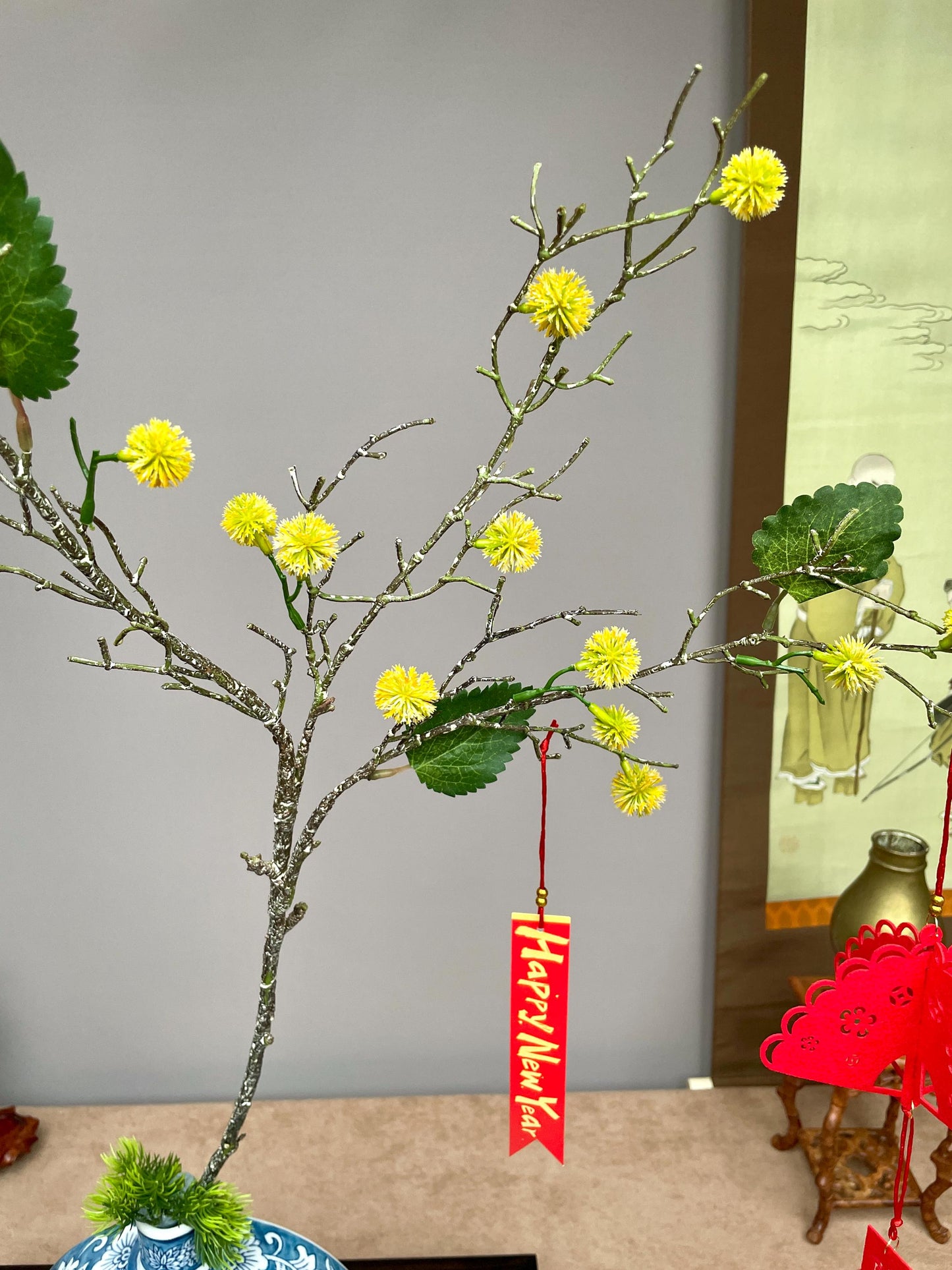 Realistic Yellow Mimosa Branch - Faux Acacia Silk Flower - Lunar New Year Golden Blossom Decor - Zen Minimalist Chinese New Year Floral Stem