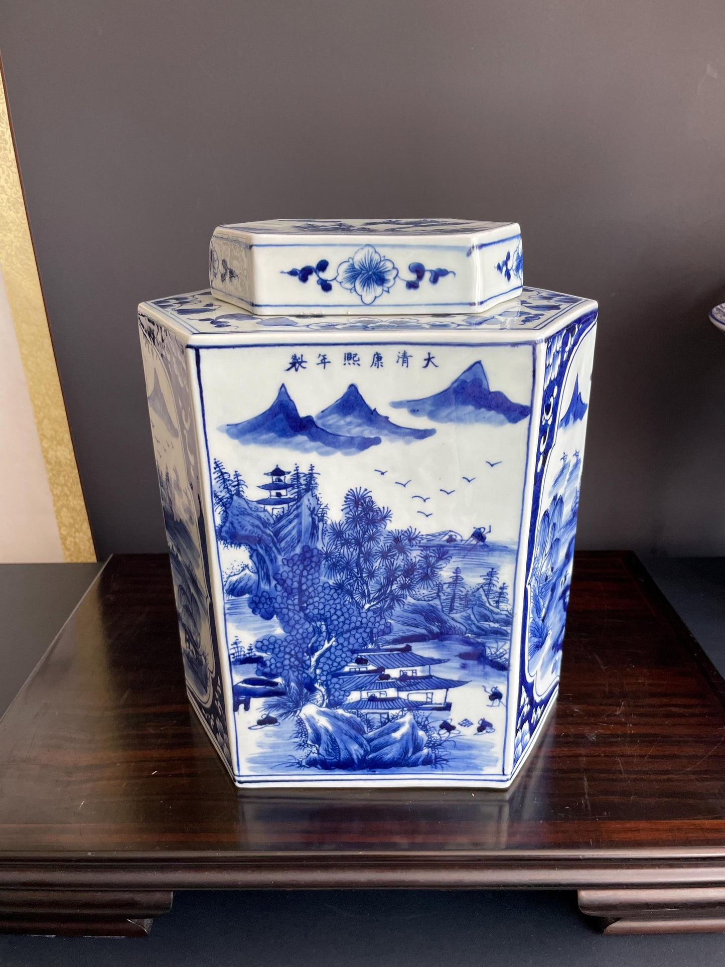 Hand Painted Blue & White Hexagon Porcelain Vase with Lid | Six Sided Xiang Qi Hand Pressed Ceramic Jar | Chinoiserie Decor Vessel