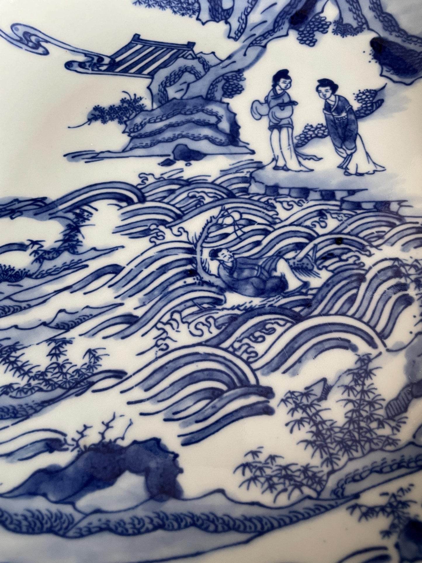 Traditional Blue and White Porcelain Charger | Hand-Crafted Narrative Decorative Plate | Classic Chinoiserie Display Platter