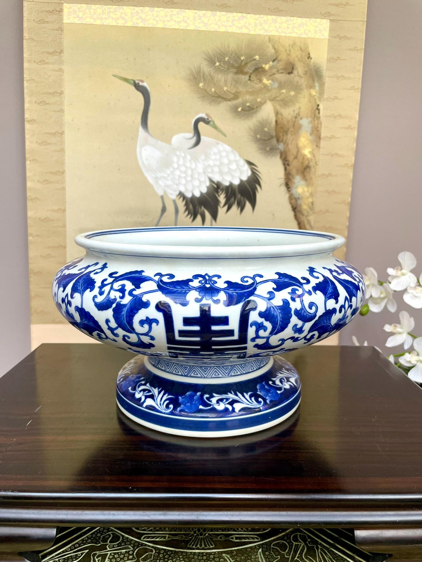 Large Blue and White Porcelain Footed Bowl – 33cm Decorative Centerpiece Vessel Large Pedestal bowl, chinoiserie