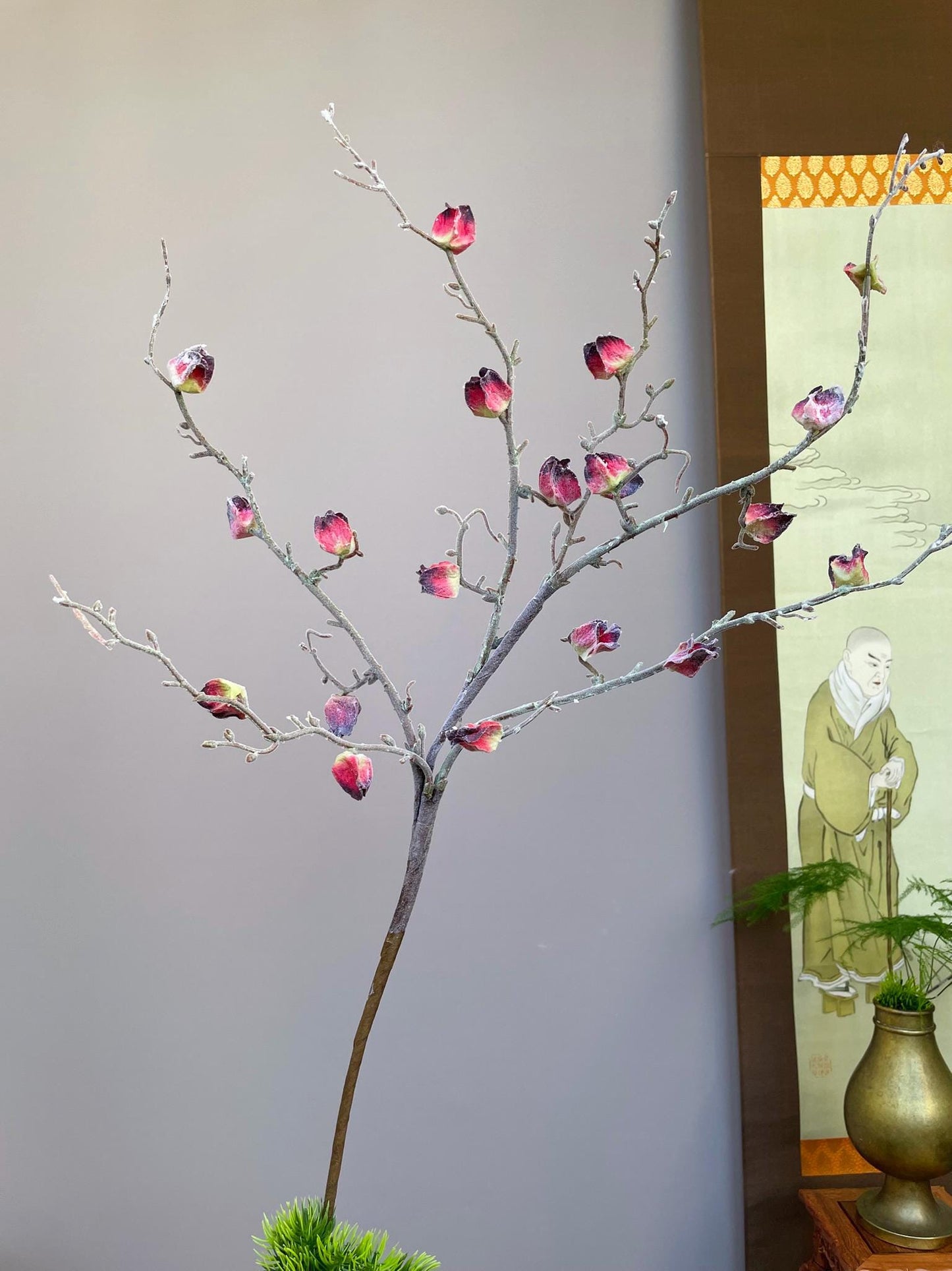 Hand-Crafted Realistic Faux Chinese Lantern Branch - Deep Red & Burgundy Buds - Winter Cherry Stem for Tall Vases Unique indoor Decor