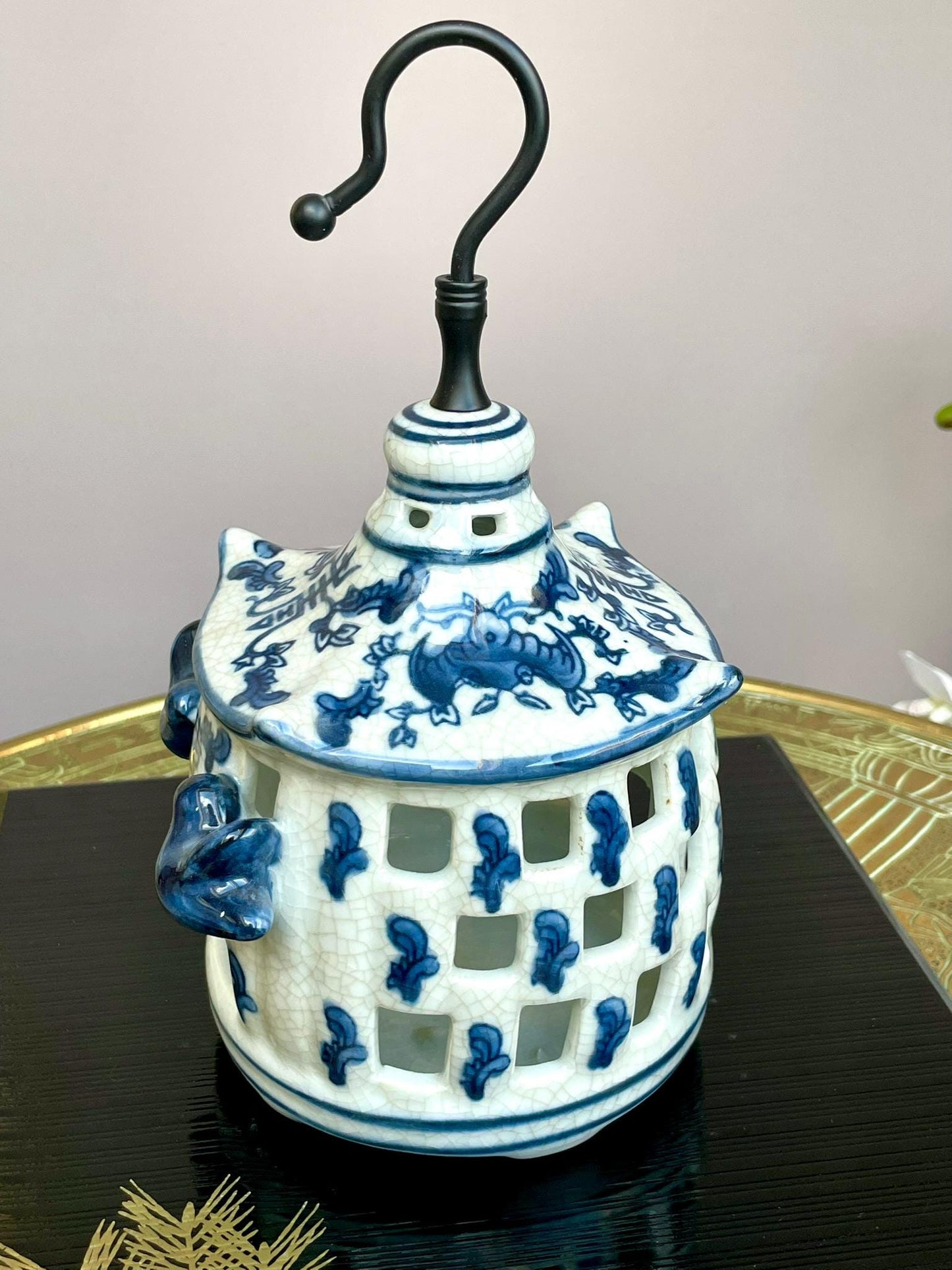 Blue & White Hanging Candle Holder | Crackle Glaze Porcelain Lantern | Handcrafted Ceramic Candle House | Hanging Tealight Holder Decor