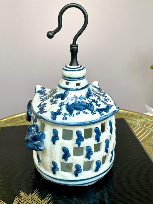 Blue & White Hanging Candle Holder | Crackle Glaze Porcelain Lantern | Handcrafted Ceramic Candle House | Hanging Tealight Holder Decor