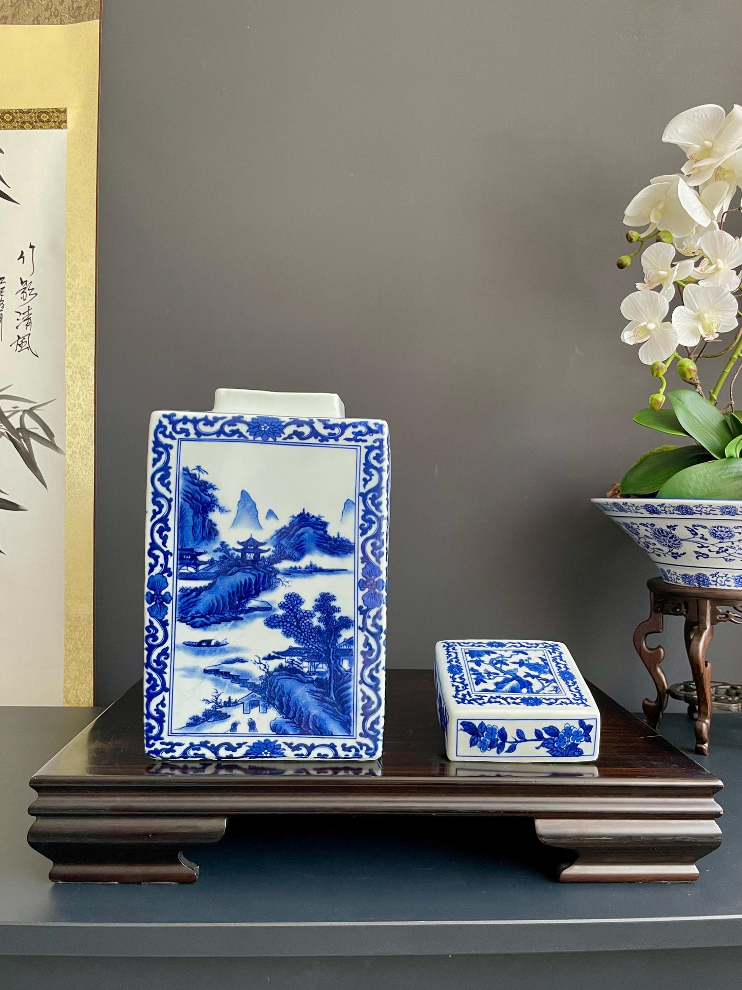 Rare Hand Painted Blue and White Xiang Qi Porcelain Vase | Hand Pressed Square Ginger Jar with Lid | 30cm Heavy Collector Ceramic Vessel