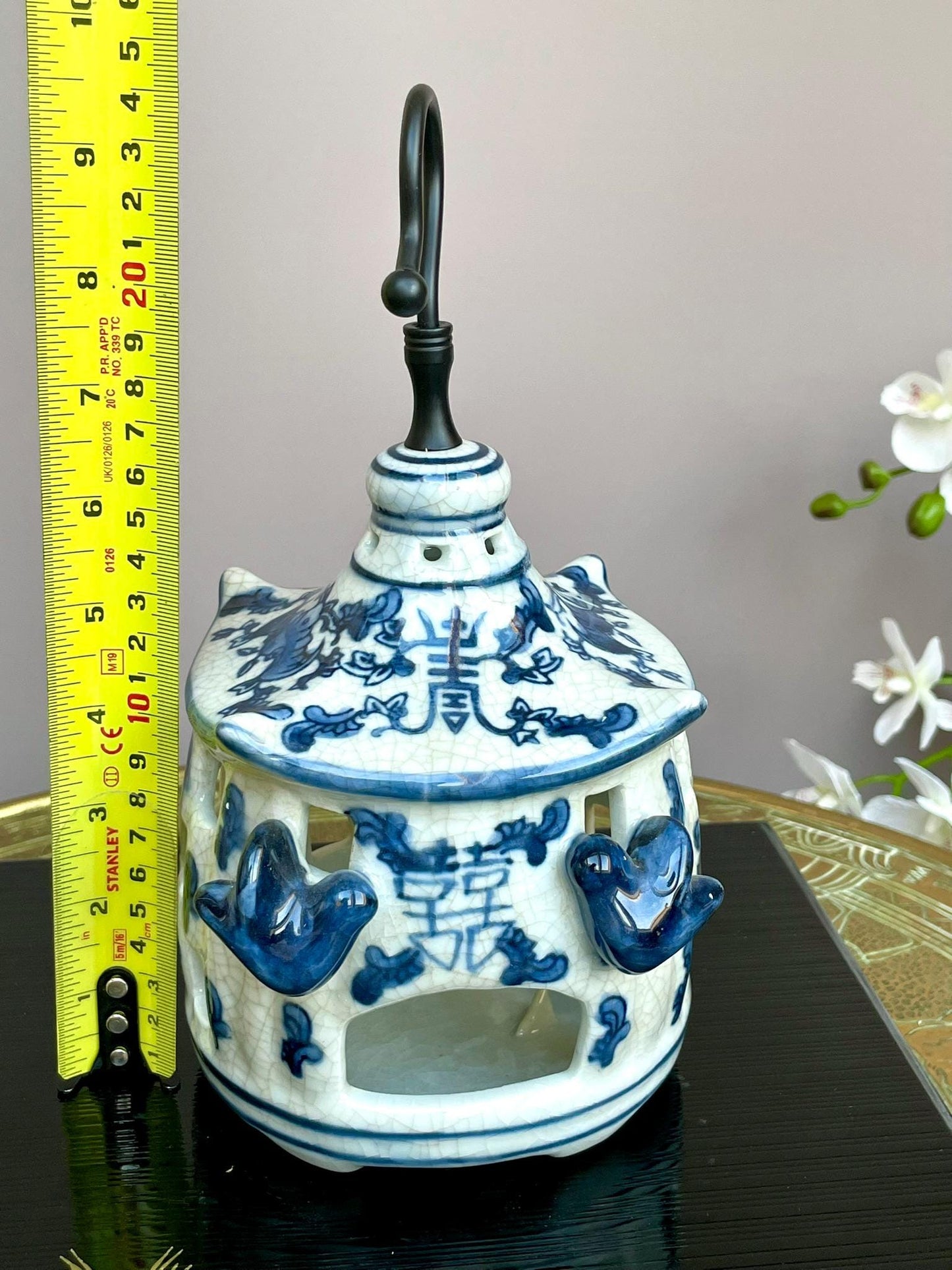 Blue & White Hanging Candle Holder | Crackle Glaze Porcelain Lantern | Handcrafted Ceramic Candle House | Hanging Tealight Holder Decor