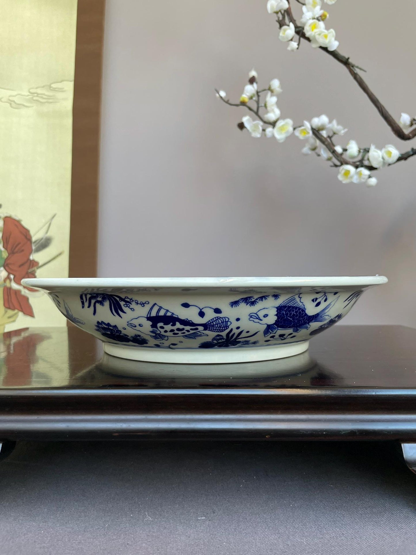 Large Flared Rim Porcelain Bowl • Wide Shallow Blue & White Display Bowl • Decorative Serving Vessel • Oriental Art Centerpiece