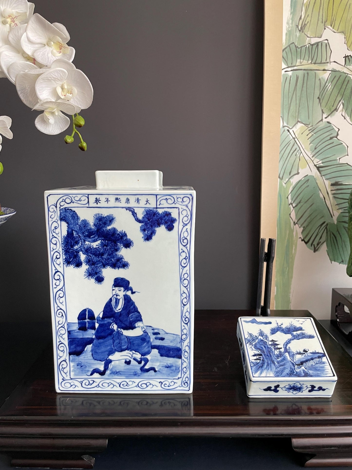 Hand-Painted Blue  White Square Xiang Qi Porcelain Vessel with Lid Imperial Kangxi Style Scholar  Pine Tree Motif  app 30cm