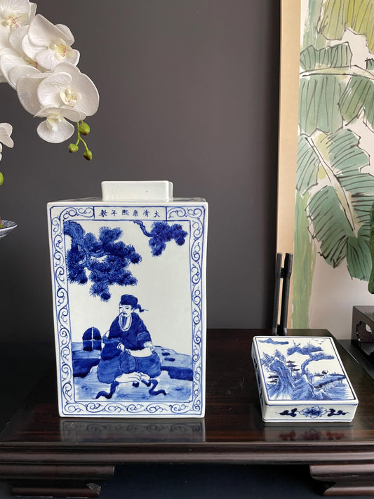 Hand-Painted Blue  White Square Xiang Qi Porcelain Vessel with Lid Imperial Kangxi Style Scholar  Pine Tree Motif  app 30cm