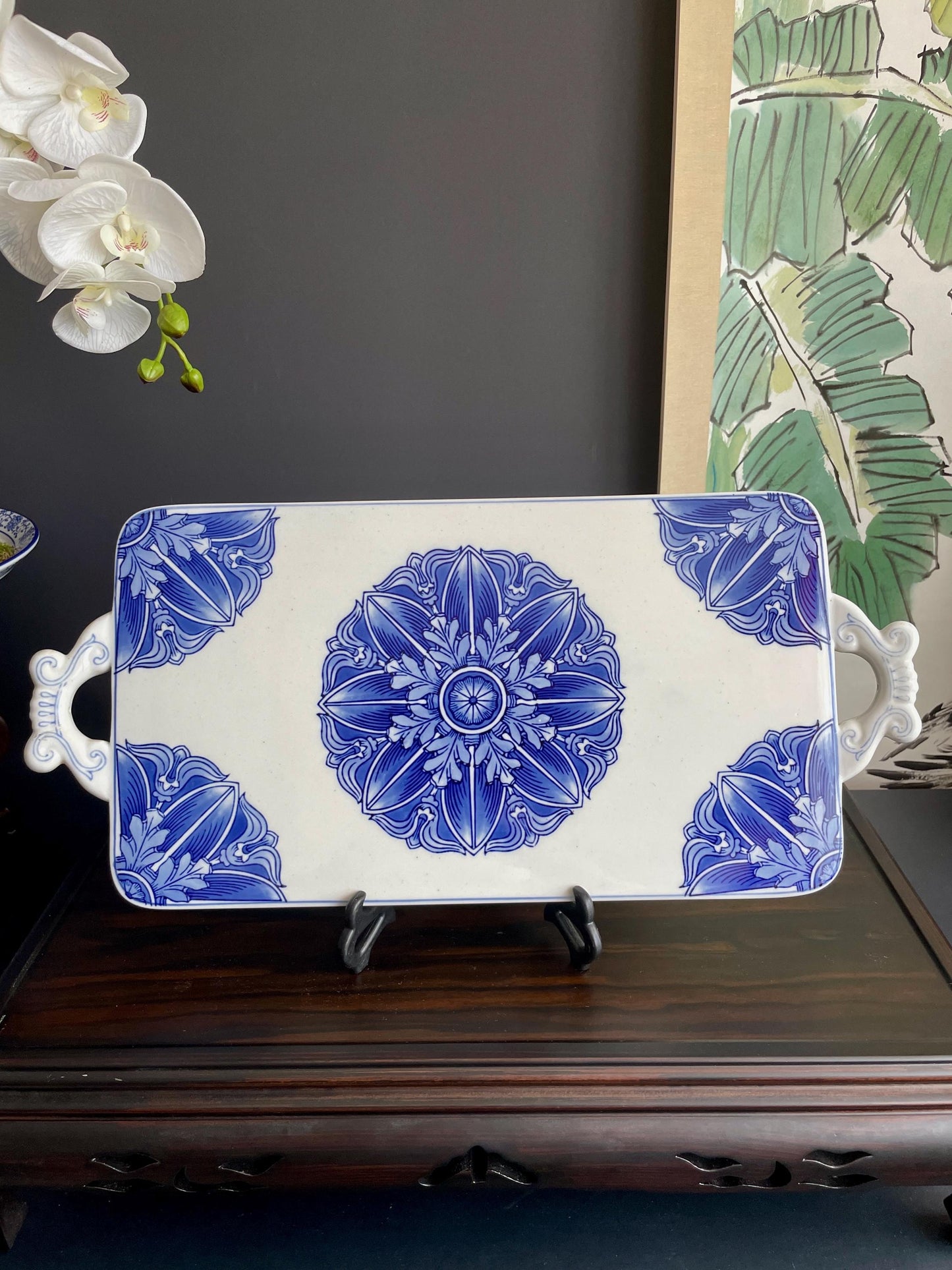 Large Blue & White Ceramic Serving Tray • Handcrafted Porcelain Board with Artisanal Floral Motif Heavy, Smooth, collector Quality Tablewar