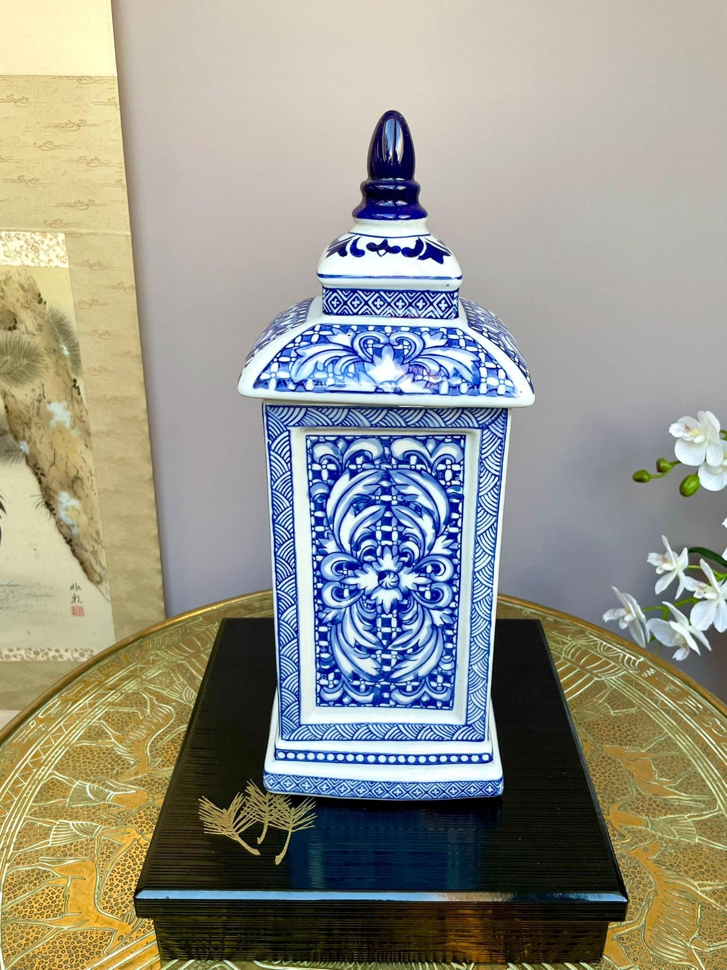 Tall Blue and White 4-Sided Ginger Jar with Lid – Hand-Painted Ceramic Temple Jar, Floral Scroll Design, Decorative Chinese Style Vase, 38cm