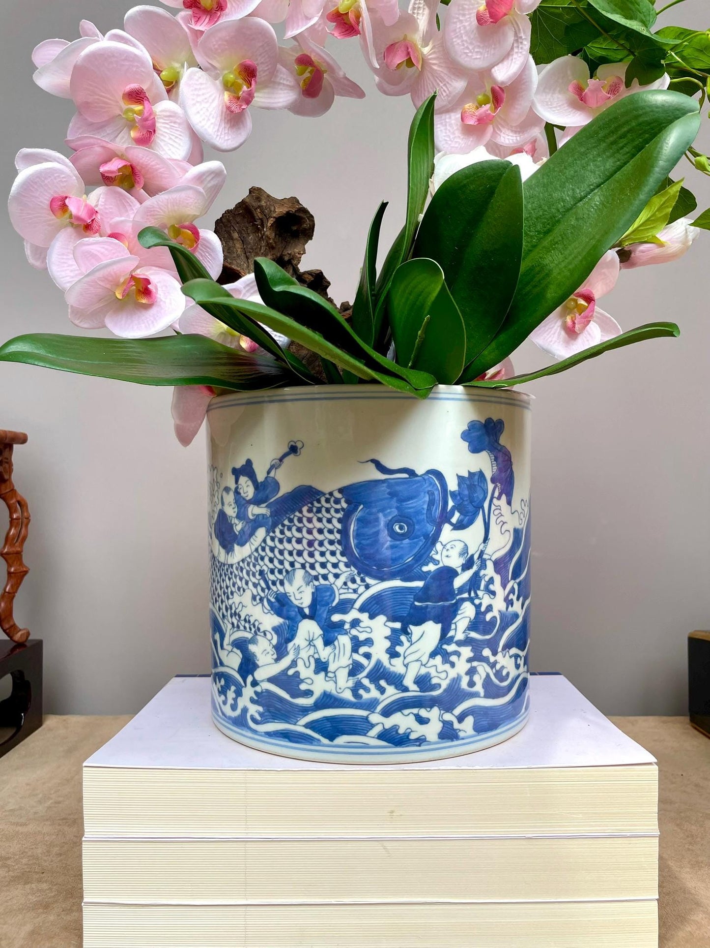 Hand-Painted Chinese Blue and White Porcelain Vase with “Baby Holding Fish” Motif Symbolizing Prosperity and Abundance