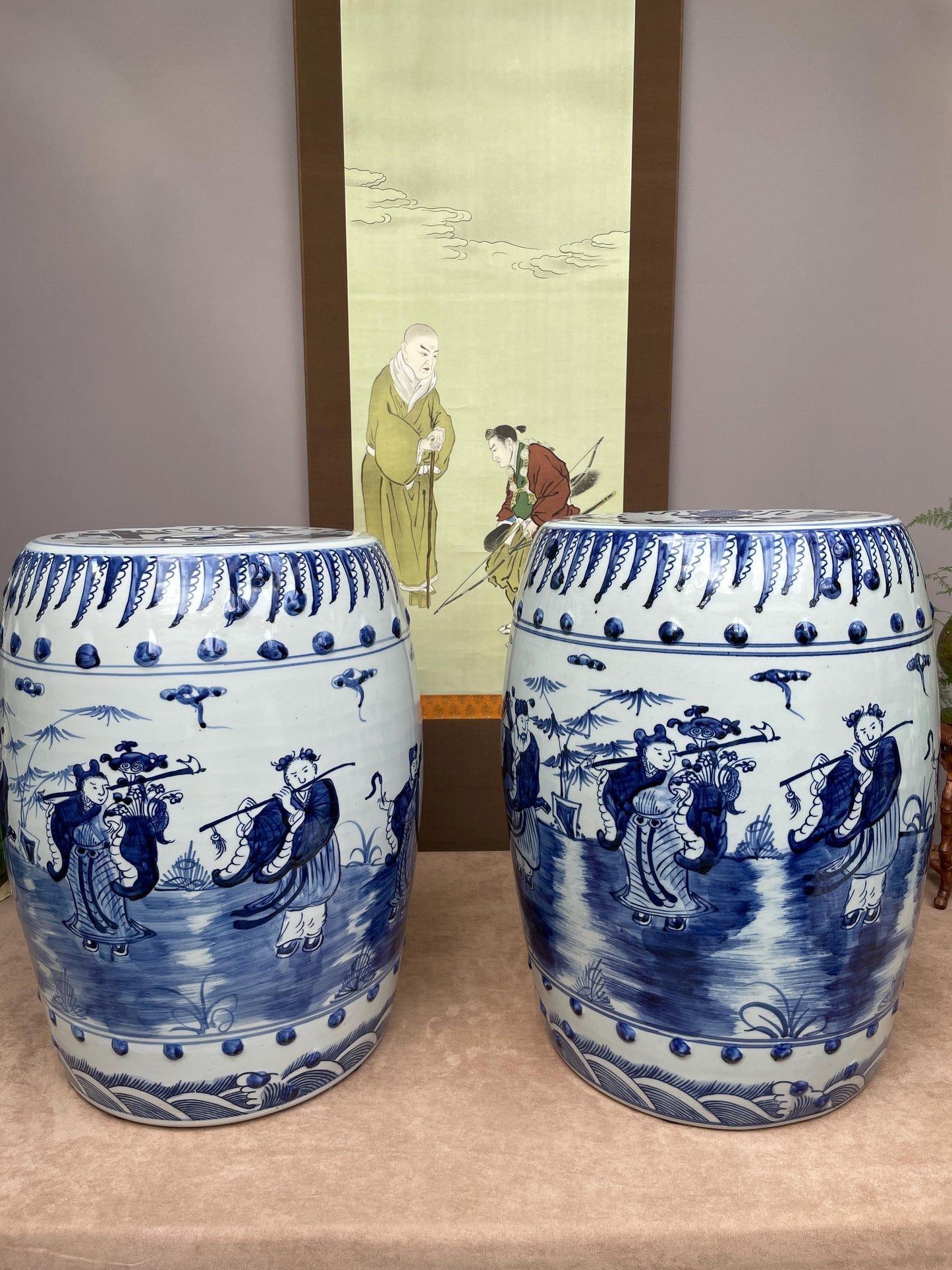 Large Blue and White Porcelain Garden Stool, Hand Painted Eight Immortals Ceramic Seat Chinoiserie Drum Stool Chinese Figure Decor Heavy