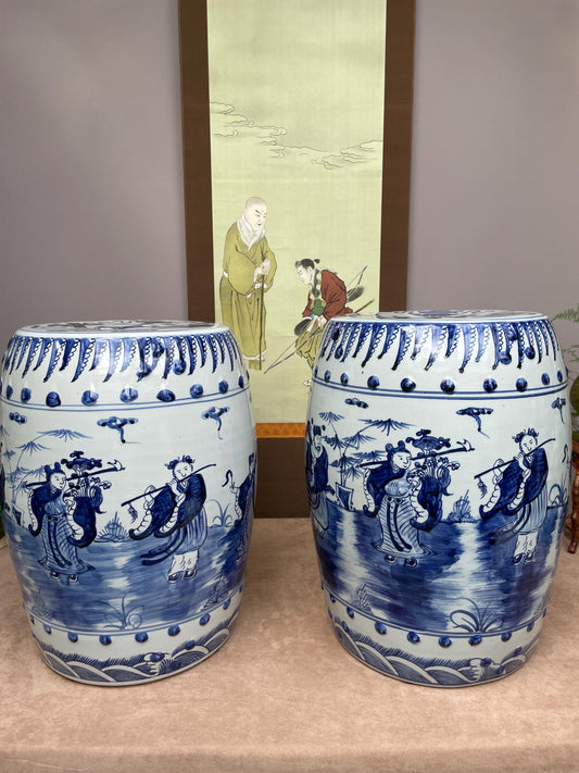 Large Blue and White Porcelain Garden Stool, Hand Painted Eight Immortals Ceramic Seat Chinoiserie Drum Stool Chinese Figure Decor Heavy