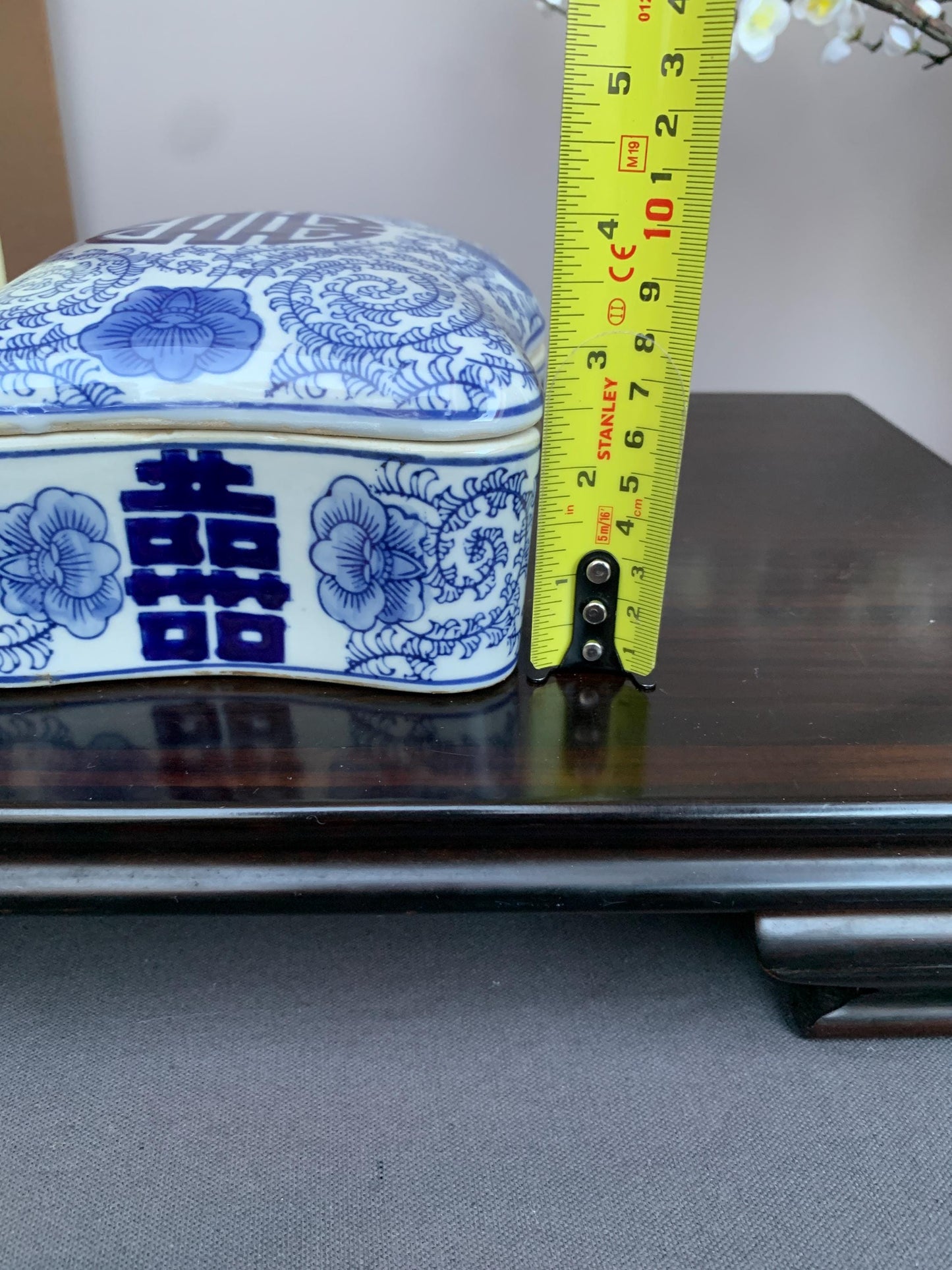 Blue and White Porcelain Lidded Box | Curved Decorative Container with Shou Longevity Symbol | Handcrafted Ceramic Storage Box | Asian Home