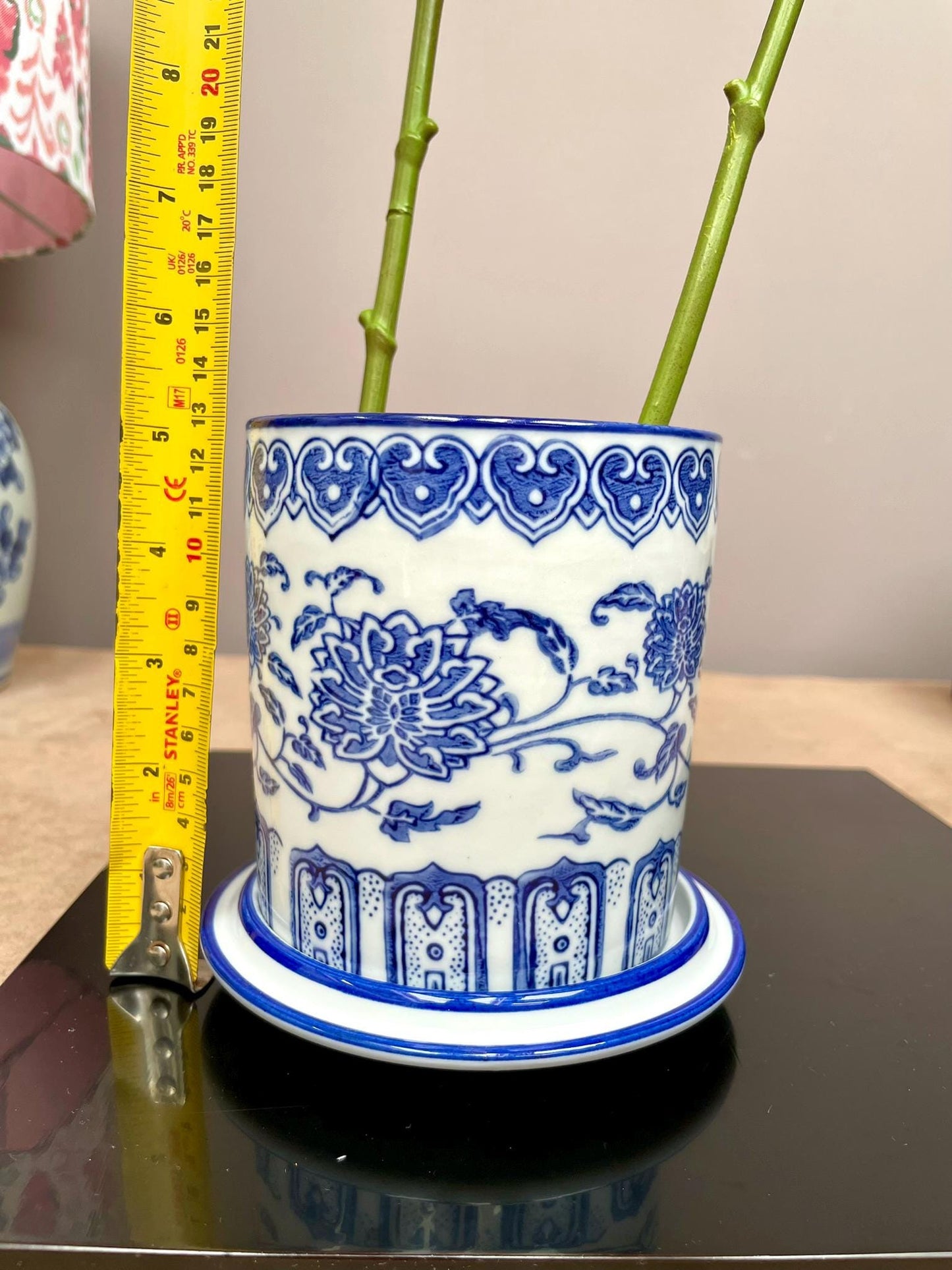 Blue and White Chinoiserie Orchid Planter with Saucer: Elegant Ceramic Flower Pot