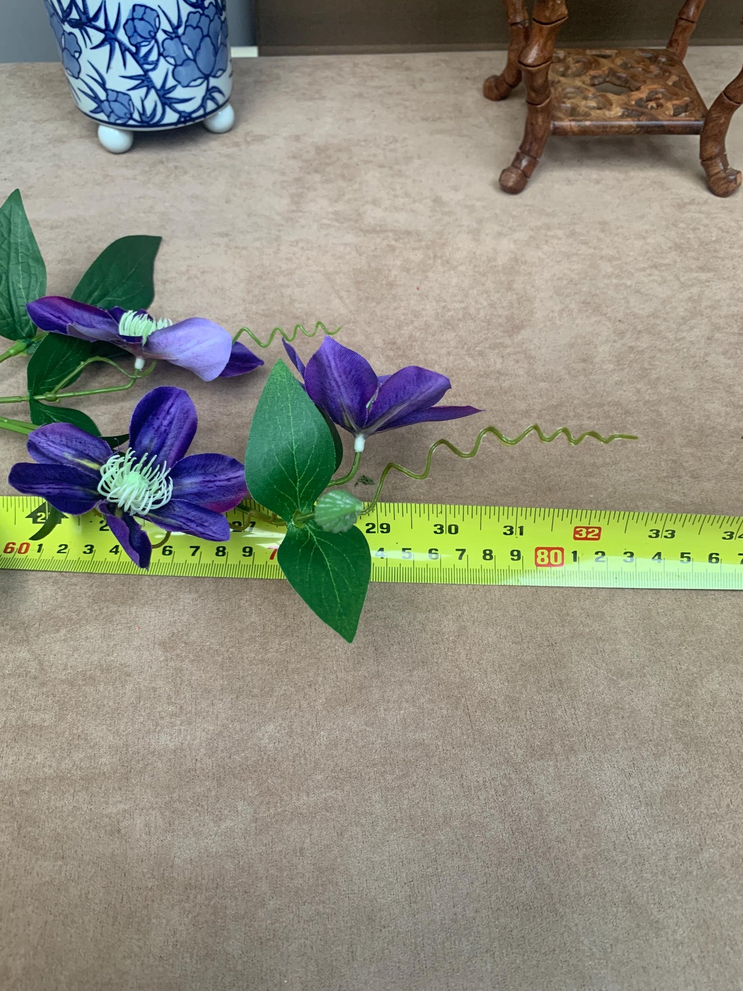 Realistic Deep Purple Clematis Branch Faux Queen of Climbers Silk Flower Zen Minimalist Aesthetic Fully Adjustable Violet Vine Stem Premium
