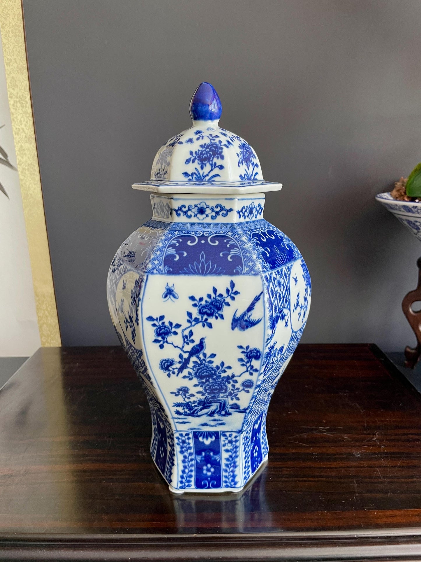 Hand Crafted Blue & White Hexagon Porcelain Vase with Lid | Six Sided 30cm Ceramic Temple Jar | Unique Multi Panel Chinoiserie Decor