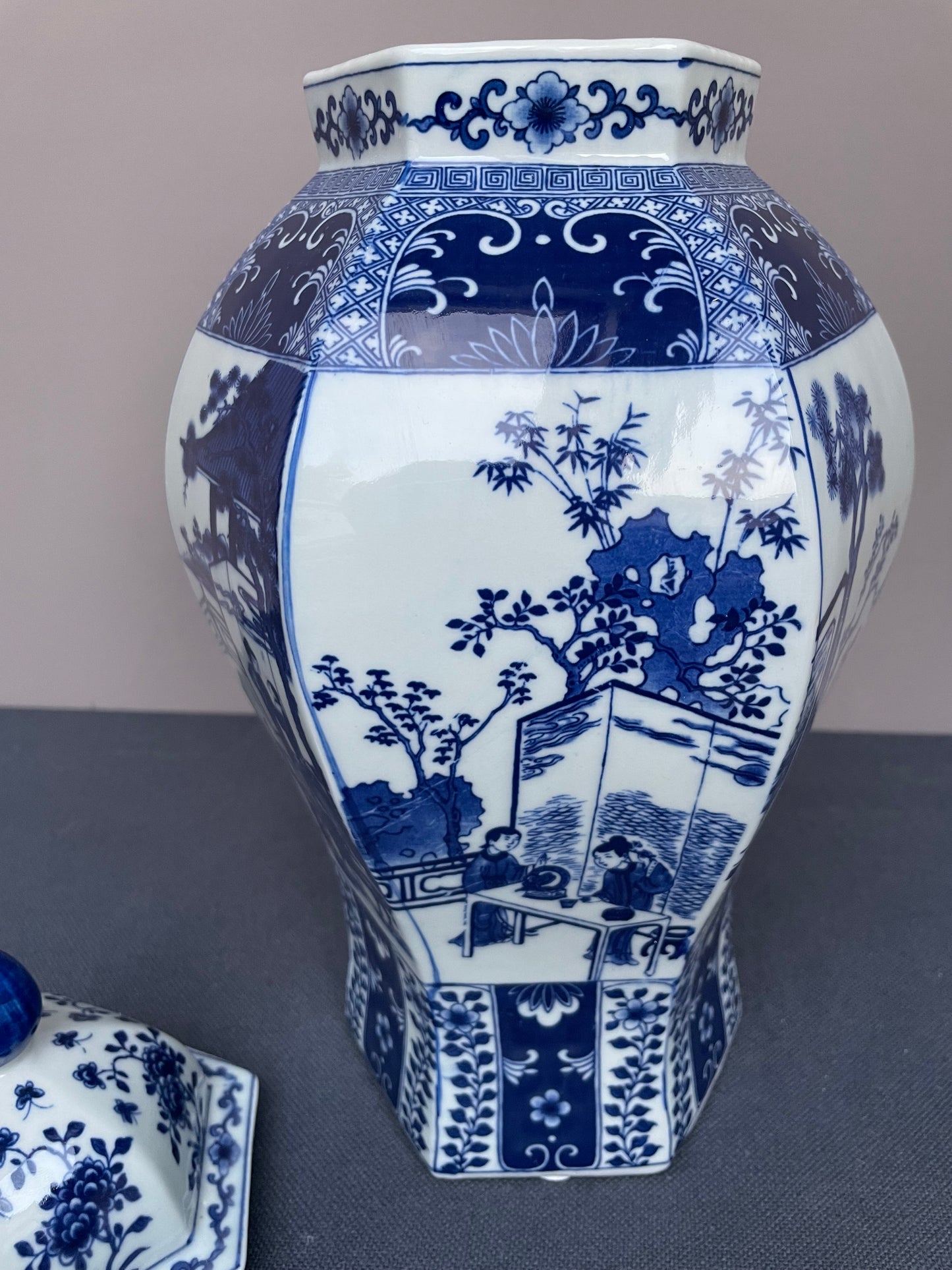 Chinoiserie vase Hexagon Blue and White Chinese Porcelain Ginger Jar