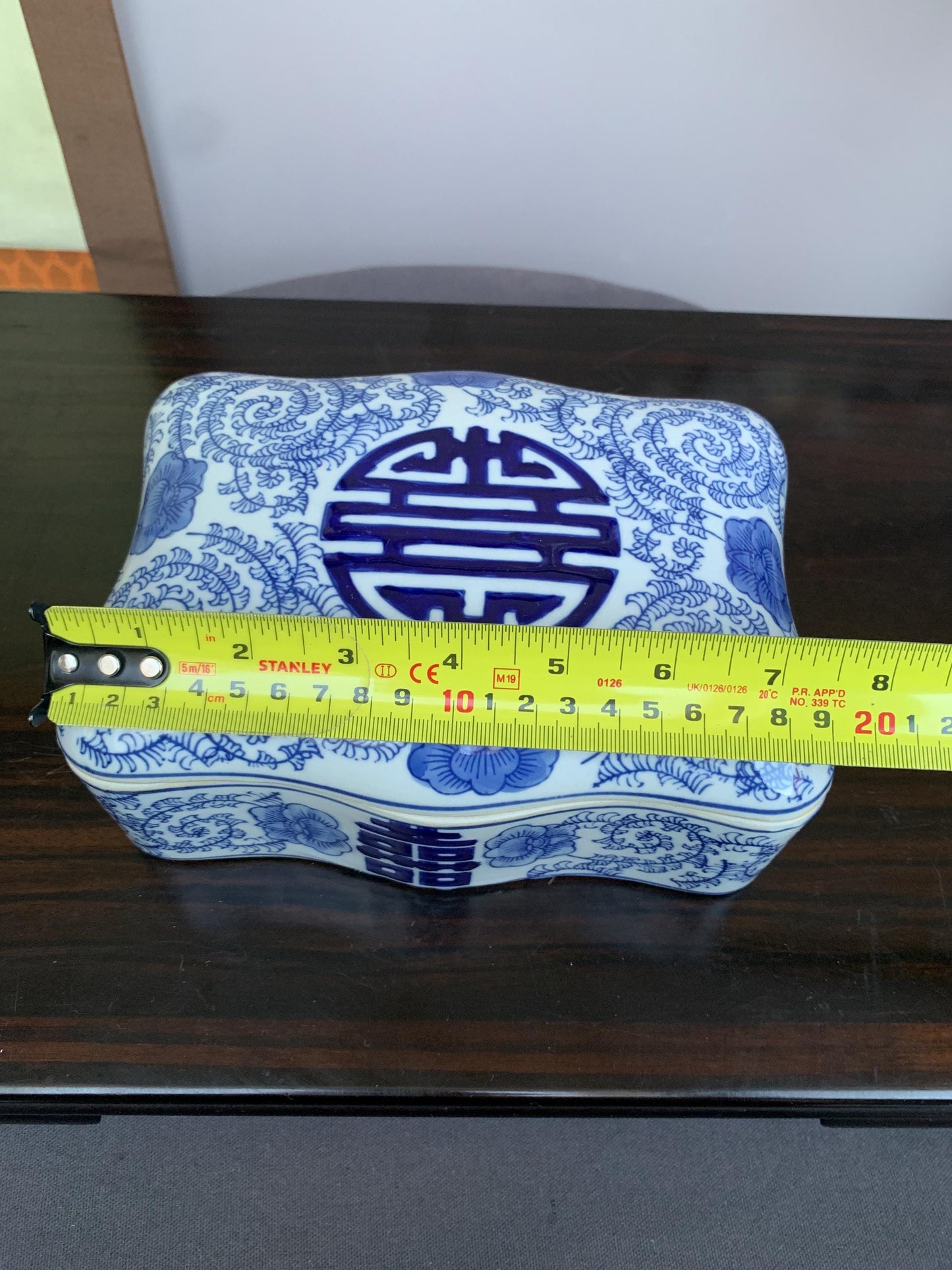 Blue and White Porcelain Lidded Box | Curved Decorative Container with Shou Longevity Symbol | Handcrafted Ceramic Storage Box | Asian Home
