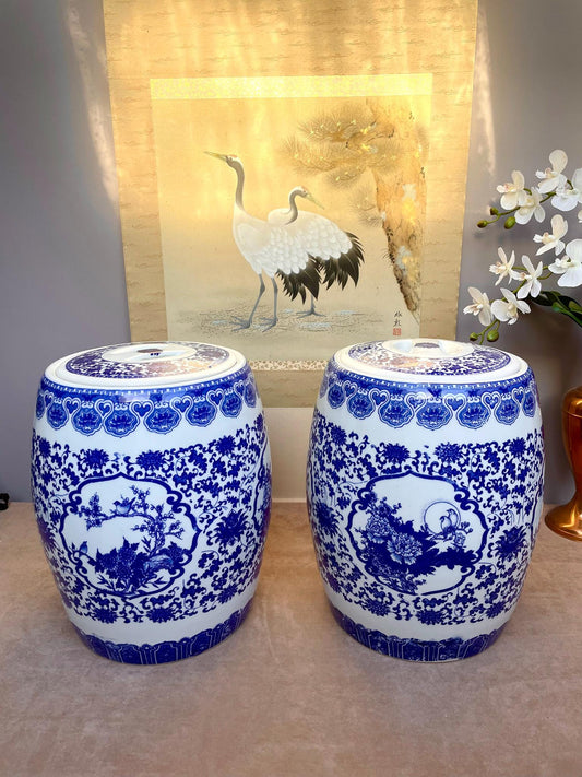 Blue & White Porcelain Lidded Container • Chinoiserie Ginger Jar Side Table • Decorative Storage Jar w/ Rubber Gasket • Floral Bird Pattern