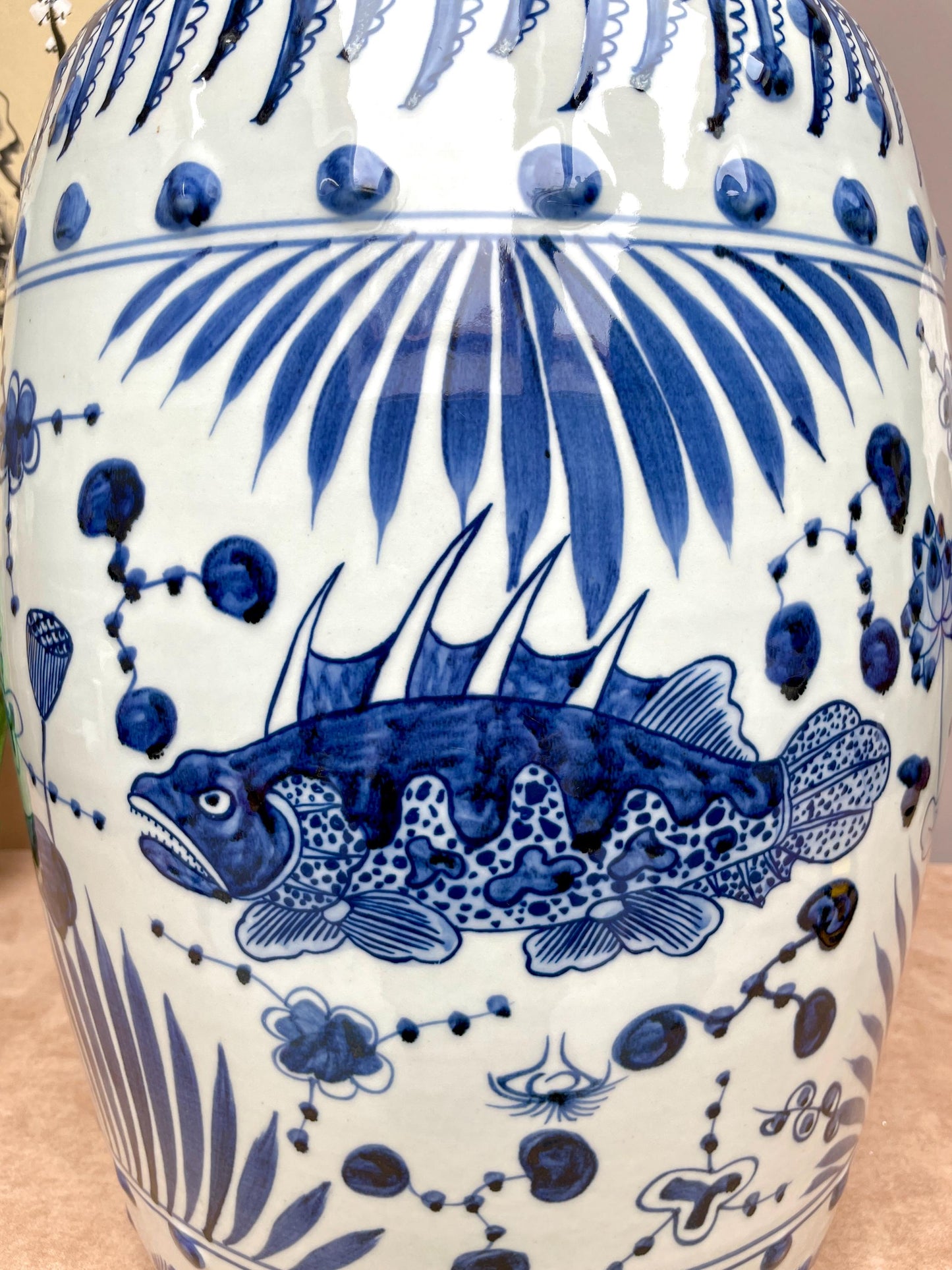 Hand Painted Koi Carp Garden Stool Traditional Chinese Blue White Drum Table Oriental Home Accent Cobalt Blue Statement Furniture Feng Shui