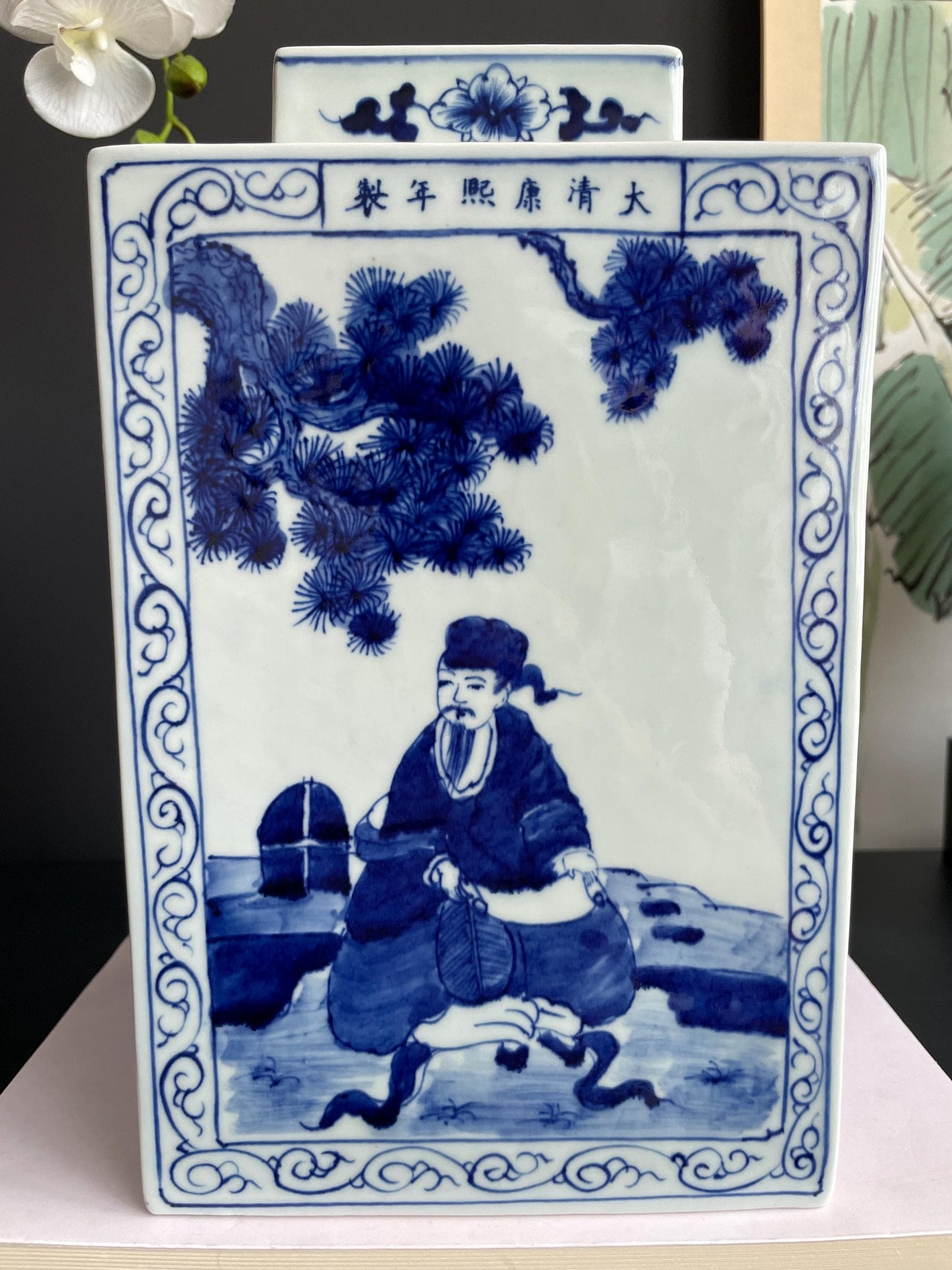 Hand-Painted Blue  White Square Xiang Qi Porcelain Vessel with Lid Imperial Kangxi Style Scholar  Pine Tree Motif  app 30cm