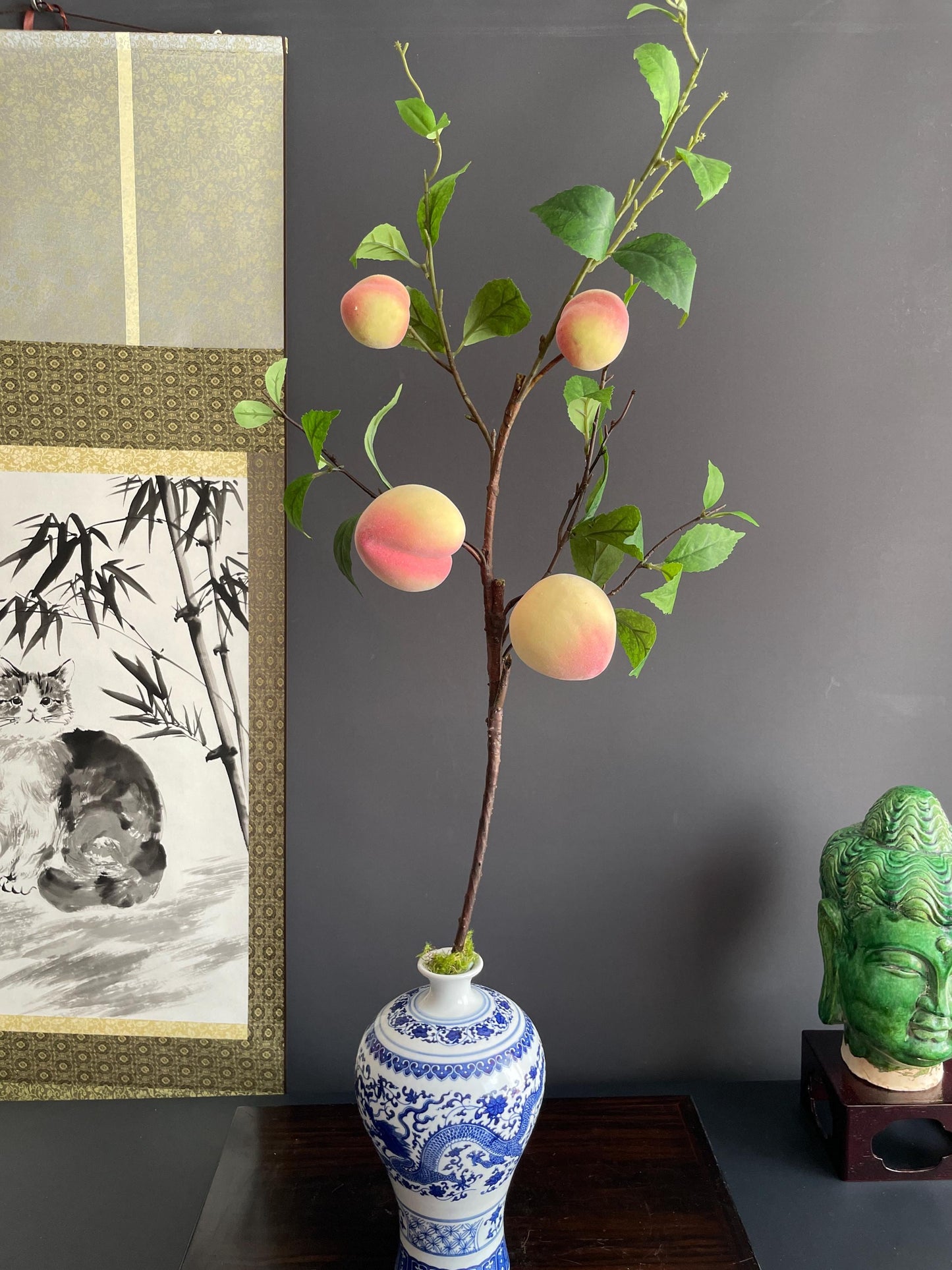 Realistic 92cm Faux Peach Branch | Artificial Fruit Stem | Large Decorative Greenery for Modern Home Decor