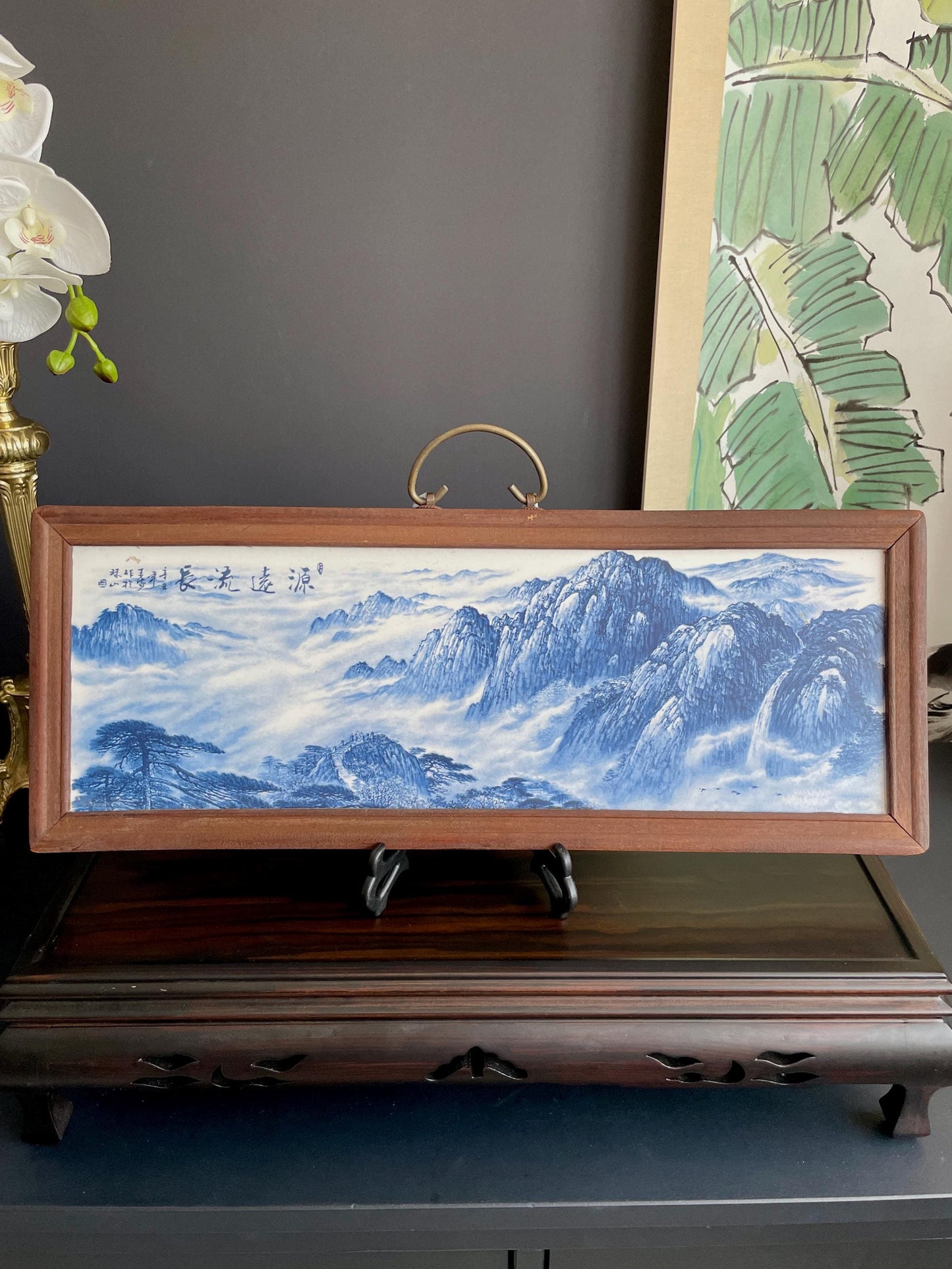 Hand-Crafted Blue & White Porcelain Landscape Plaque | Framed "Yuan Yuan Liu Chang" Shan Shui Wall Art Screen (54cm x 20cm)