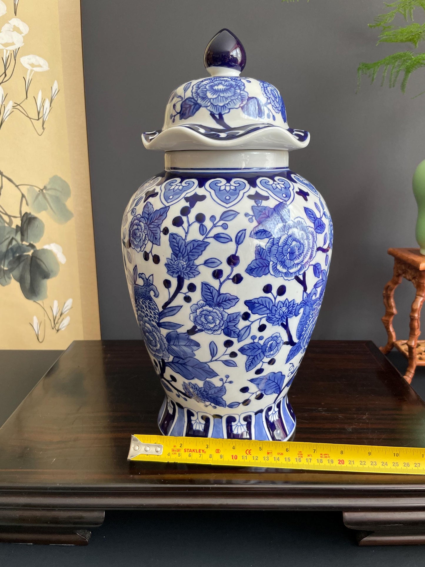 Blue and White Porcelain Temple Jar Peony Ginger Jar with Lid Chinoiserie General Jar Traditional Floral Blossom Urn Oriental Home Decor