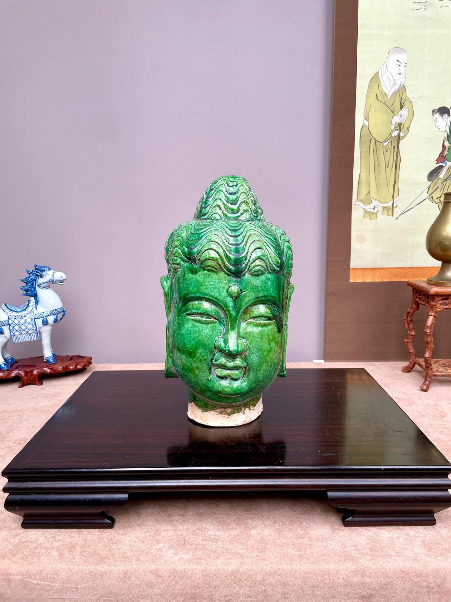 Rare Green Glazed Ceramic Buddha Head Statue, Chinese Ming Style Clay Sculpture, Zen Home Decor, Buddhist Altar Art, Spiritual Gifts