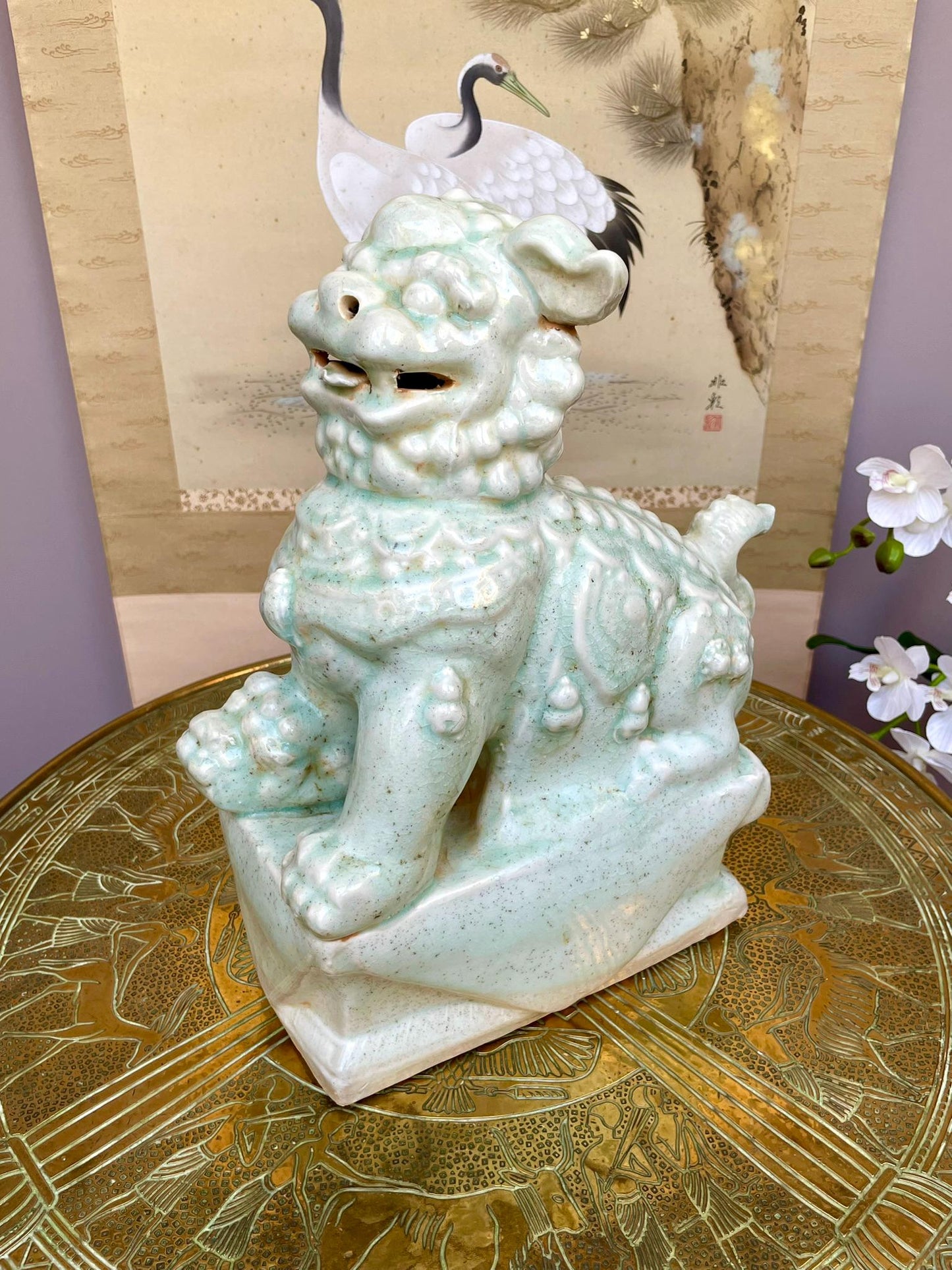 Ru-Style Celadon Foo Dog Sculpture | Celadon Guardian Lion | Chinese Art Decor | Scholar’s Studio Ornament | Ceramic Home Decor