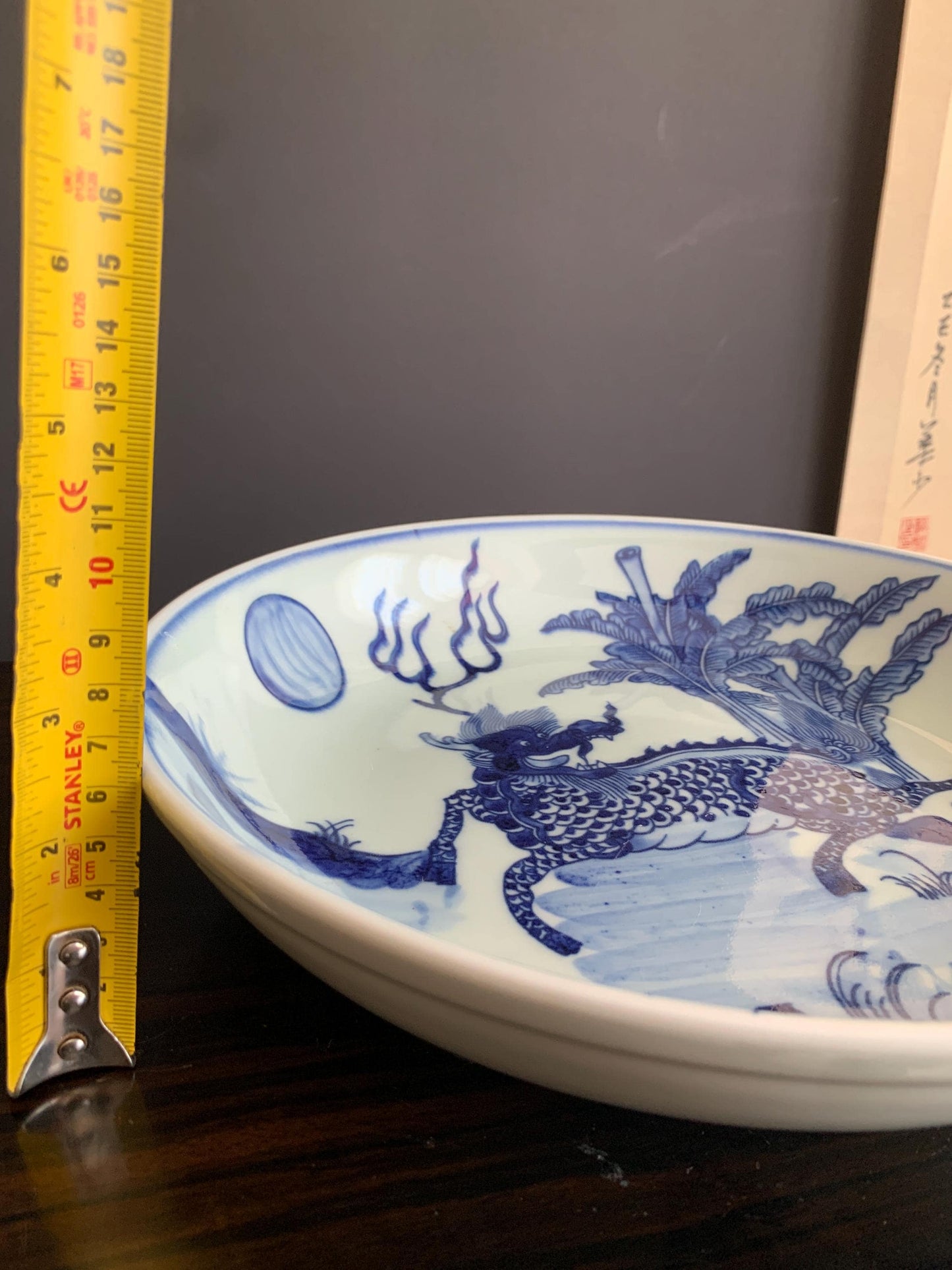 Blue and White Porcelain Display Plate with Stand Chinoiserie Qilin Charger Kirin Mythical Beast Traditional Ceramic Oriental Cabinet Decor