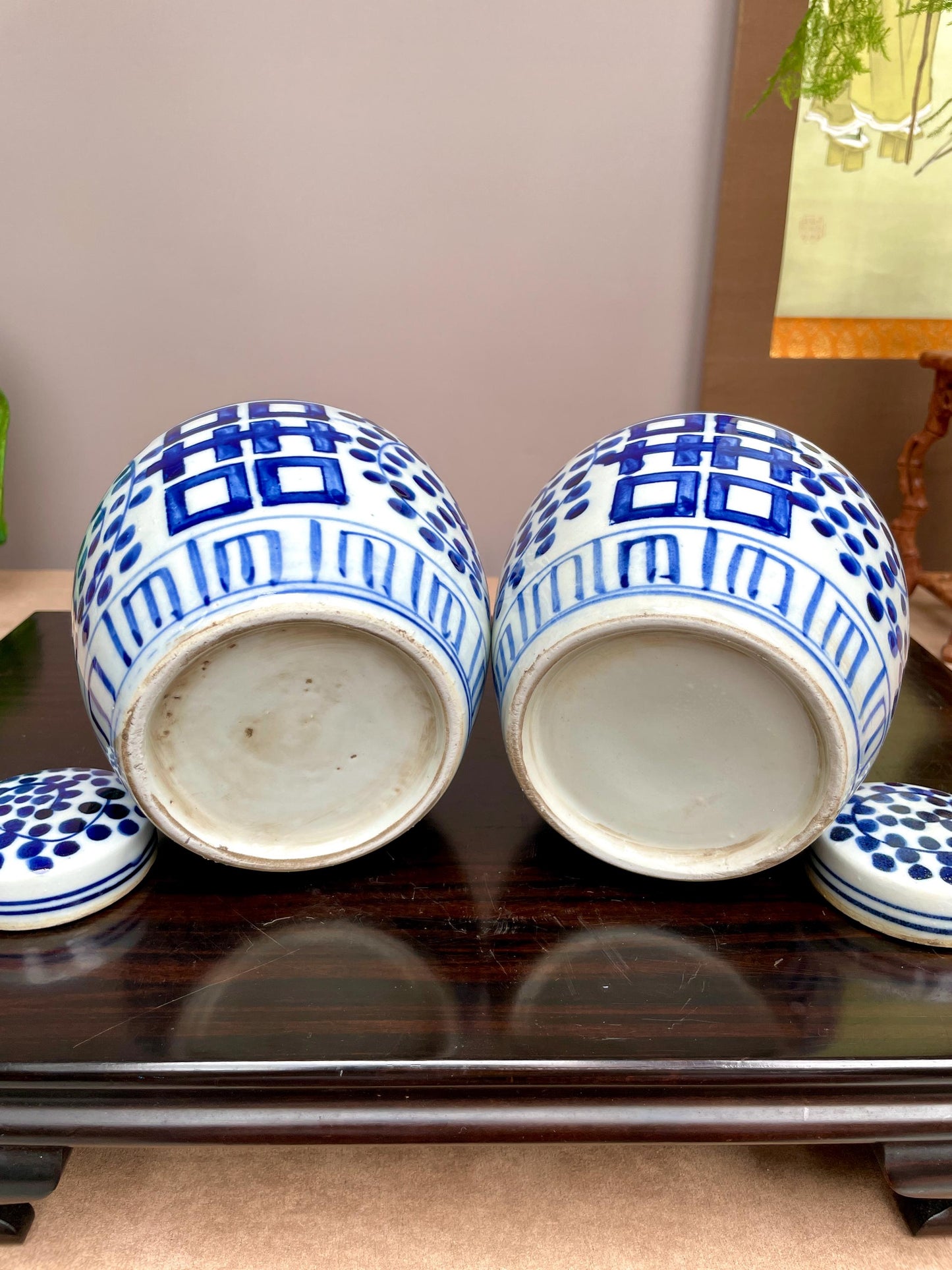 Pair of Blue and White Double Happiness Ginger Jars, hand painted Chinese Porcelain Tea Caddies with Lids, Chinoiserie Home Decor Weddings