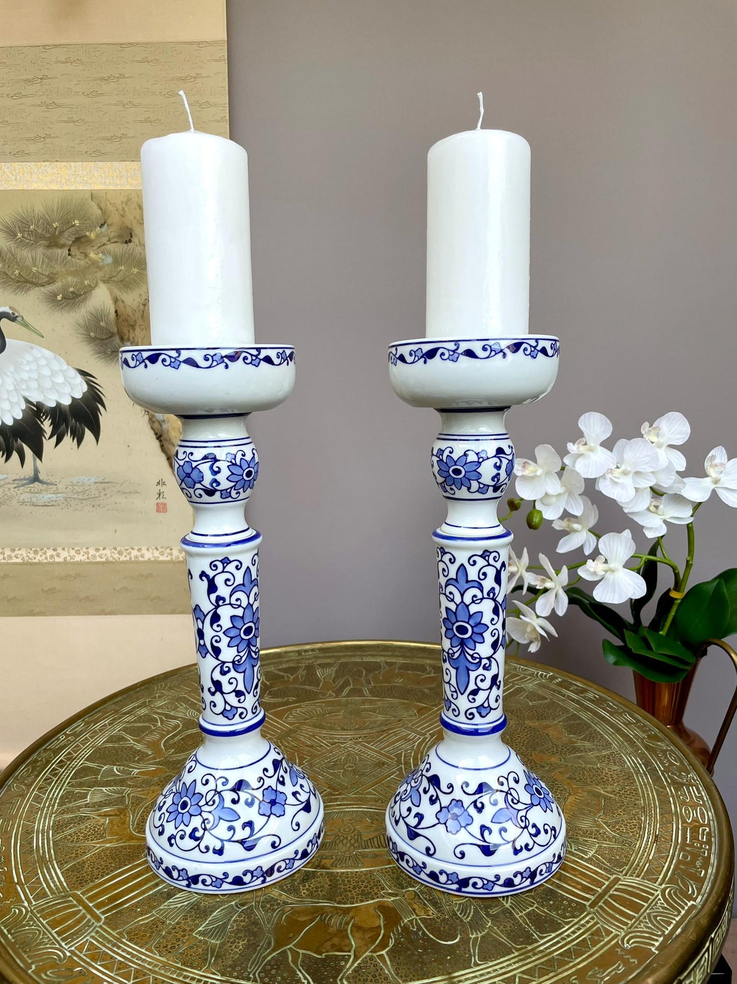 Fine Hand-Painted Blue & White Porcelain Candle Holder Pair • Artisan-Made Chinoiserie Centerpiece • Luxury Table Décor in Collector Quality