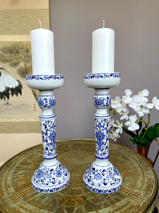 Fine Hand-Painted Blue & White Porcelain Candle Holder Pair • Artisan-Made Chinoiserie Centerpiece • Luxury Table Décor in Collector Quality