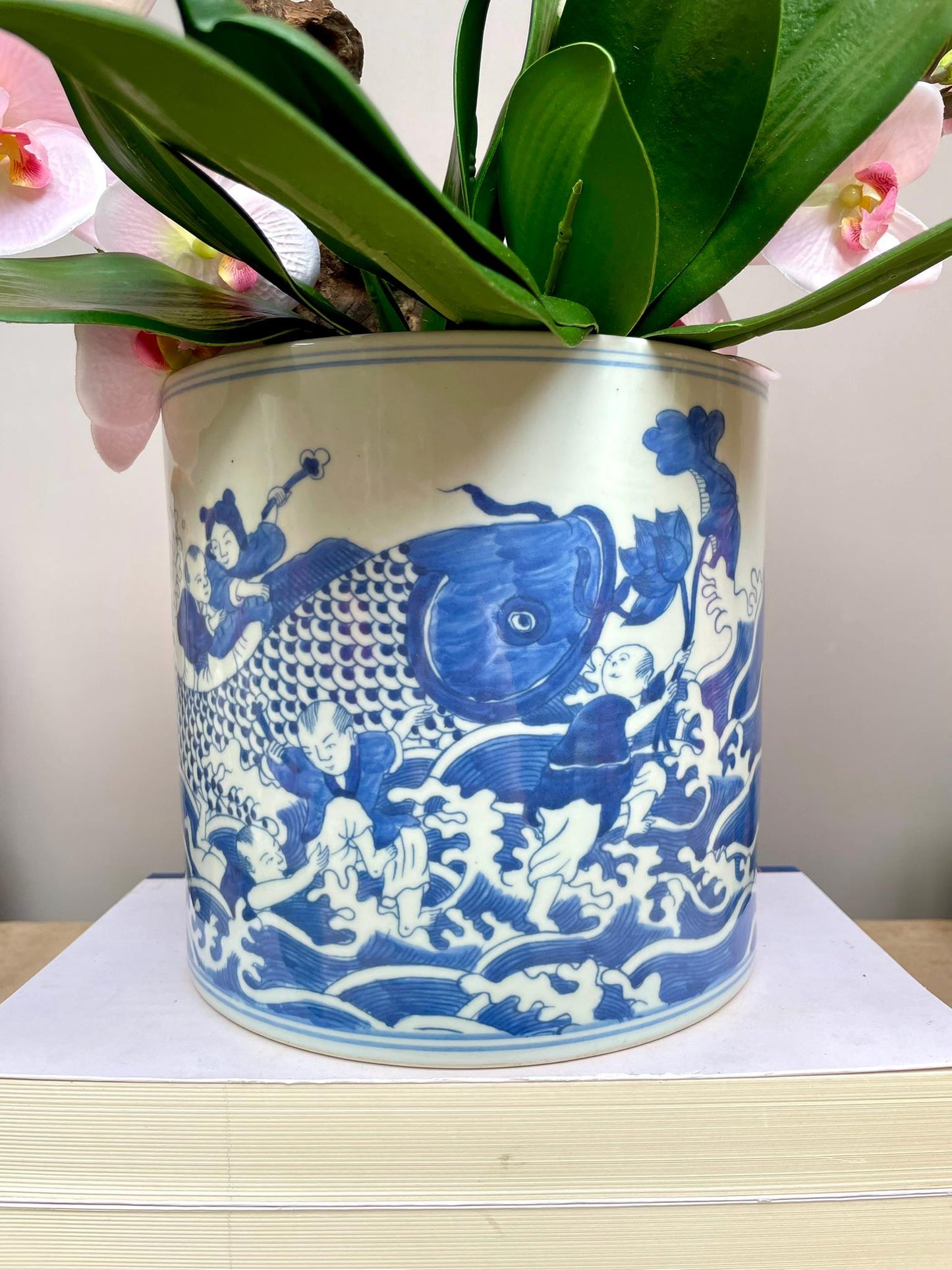 Hand-Painted Chinese Blue and White Porcelain Vase with “Baby Holding Fish” Motif Symbolizing Prosperity and Abundance
