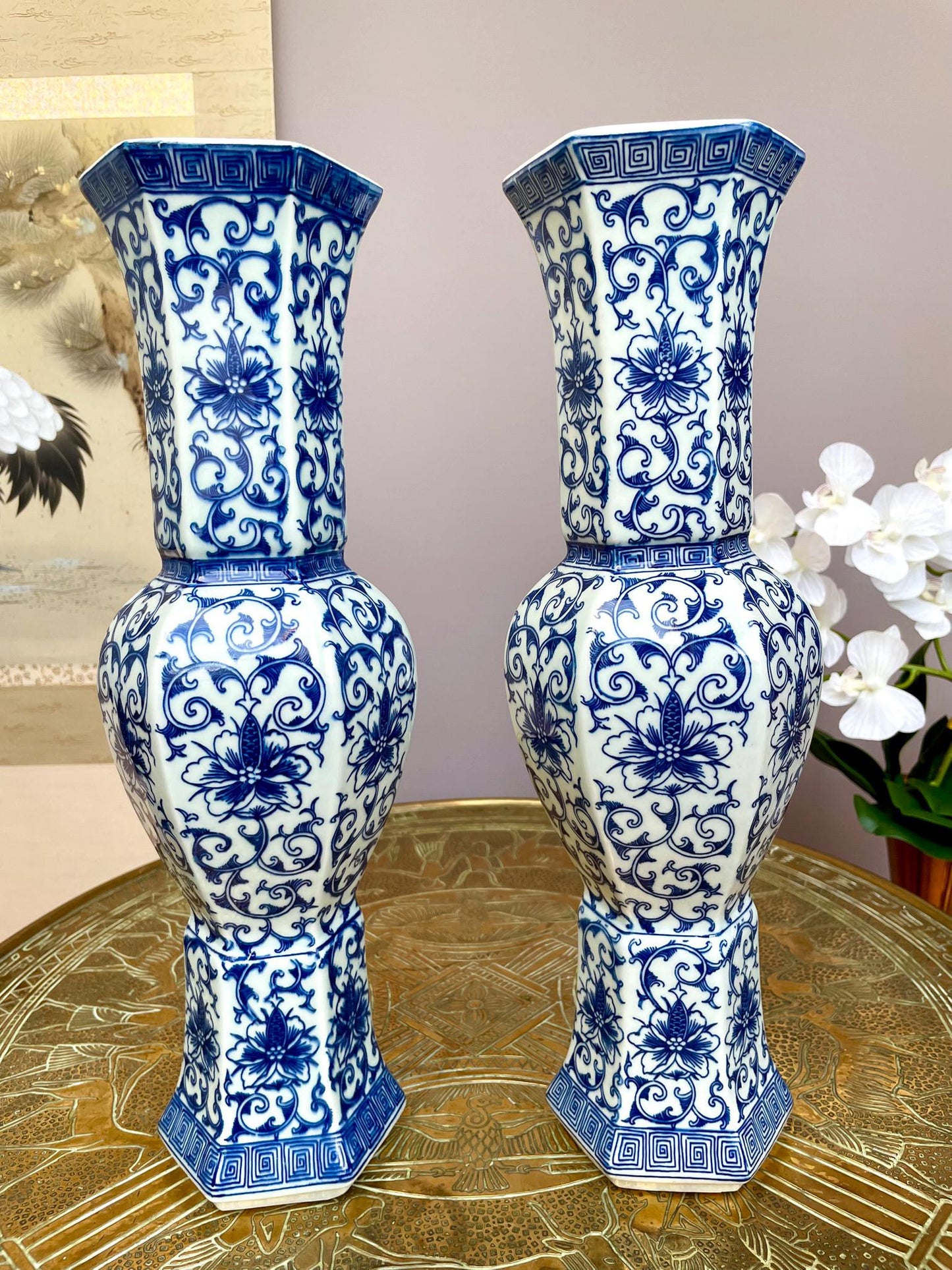 Pair of Blue & White Hexagonal Imperial Lotus Vases • Royal Ritual Vessel Form Six-Sided Classical Porcelain Pair Luxury Oriental Home Décor