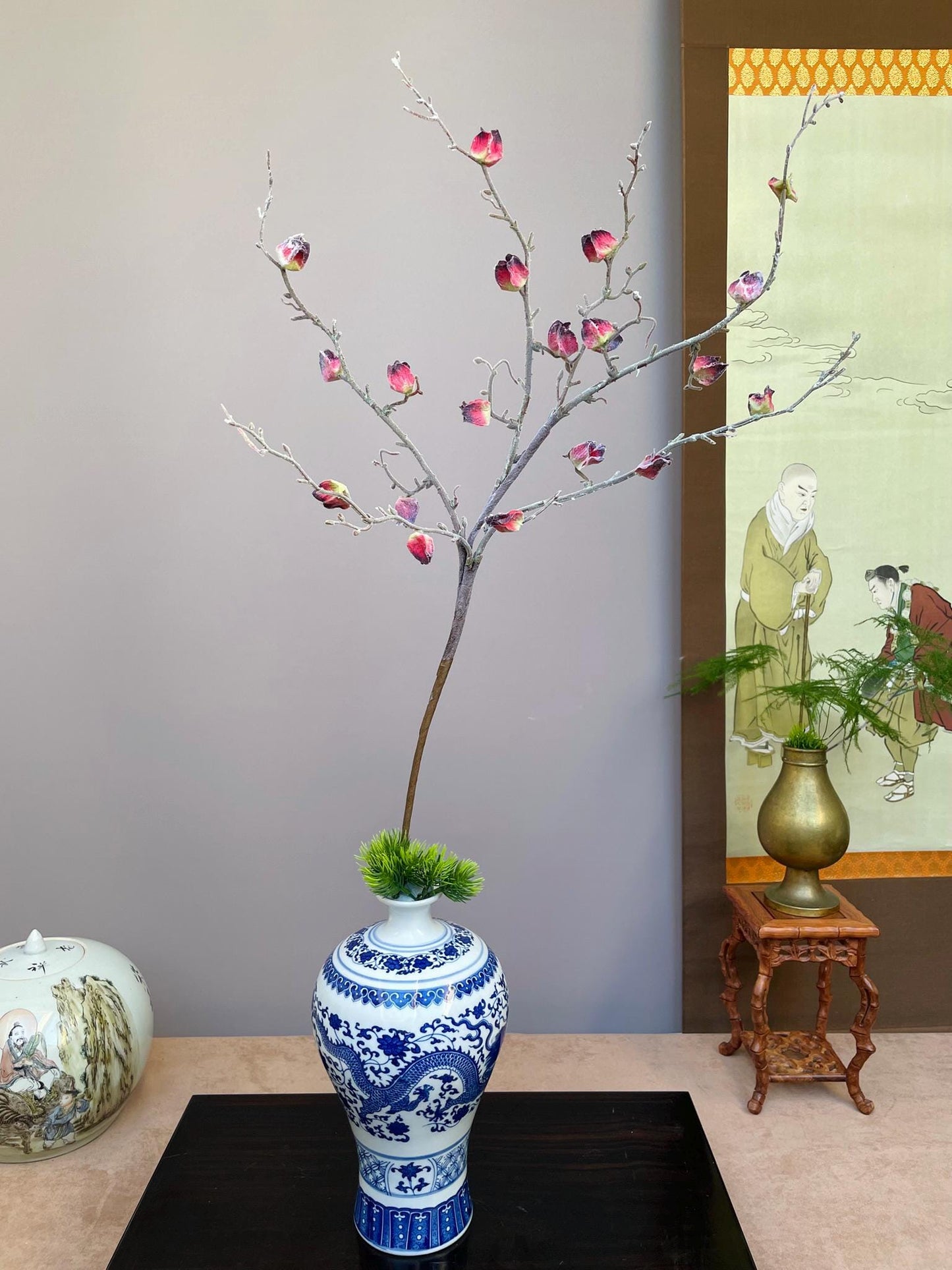 Hand-Crafted Realistic Faux Chinese Lantern Branch - Deep Red & Burgundy Buds - Winter Cherry Stem for Tall Vases Unique indoor Decor