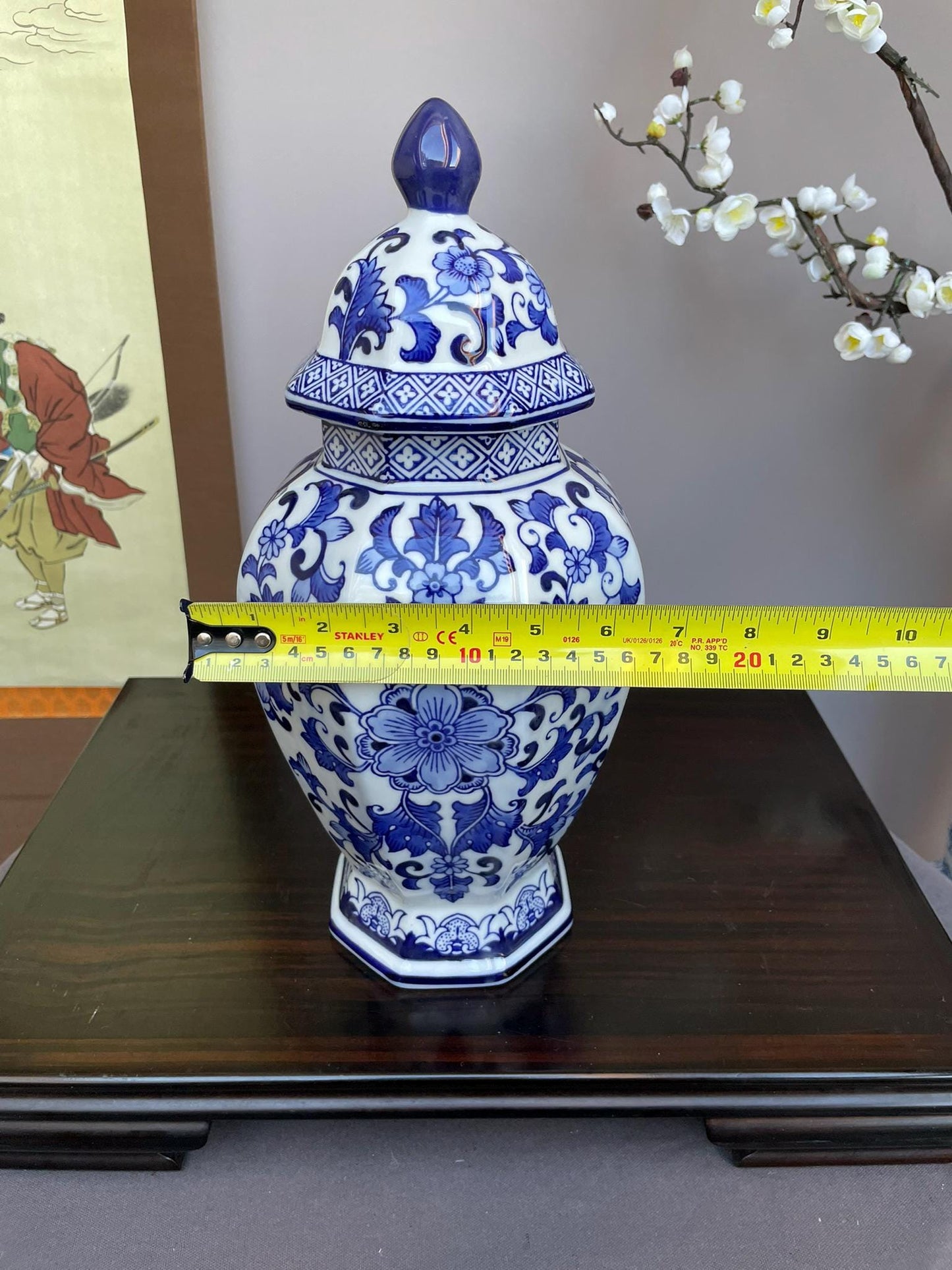 Blue & White Porcelain Ginger Jar • Hexagonal Lidded Vase with Floral Motifs • Hand-crafted Decorative Jar • Classic Oriental Home Decor