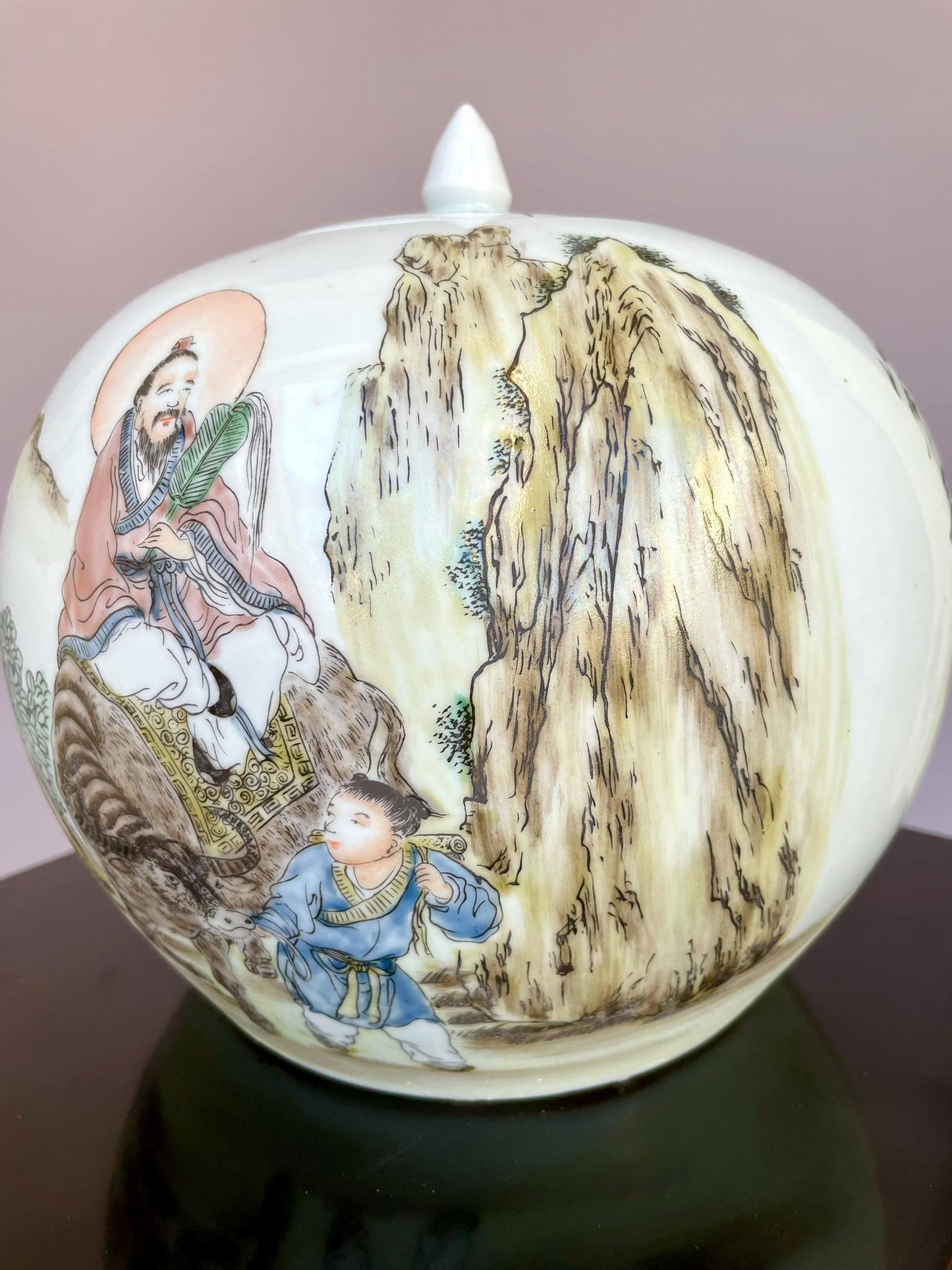 Hand-Painted Qianjiang Cai Porcelain Jar with Lid - Scholar & Immortal Landscape - Large Hand-Crafted Chinese Calligraphy Ginger Jar