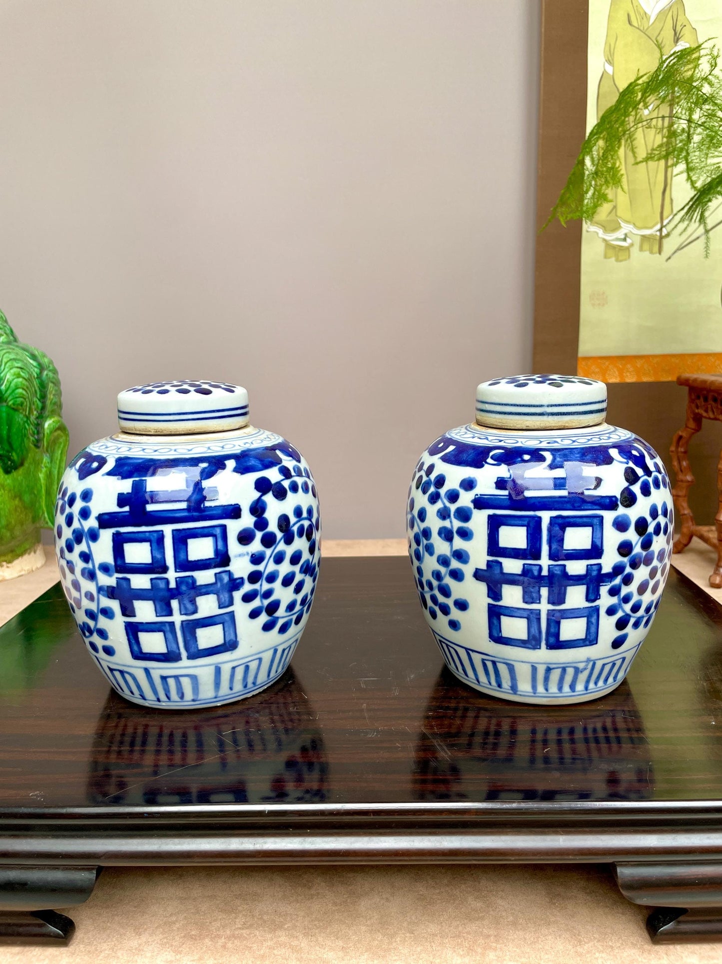 Pair of Blue and White Double Happiness Ginger Jars, hand painted Chinese Porcelain Tea Caddies with Lids, Chinoiserie Home Decor Weddings