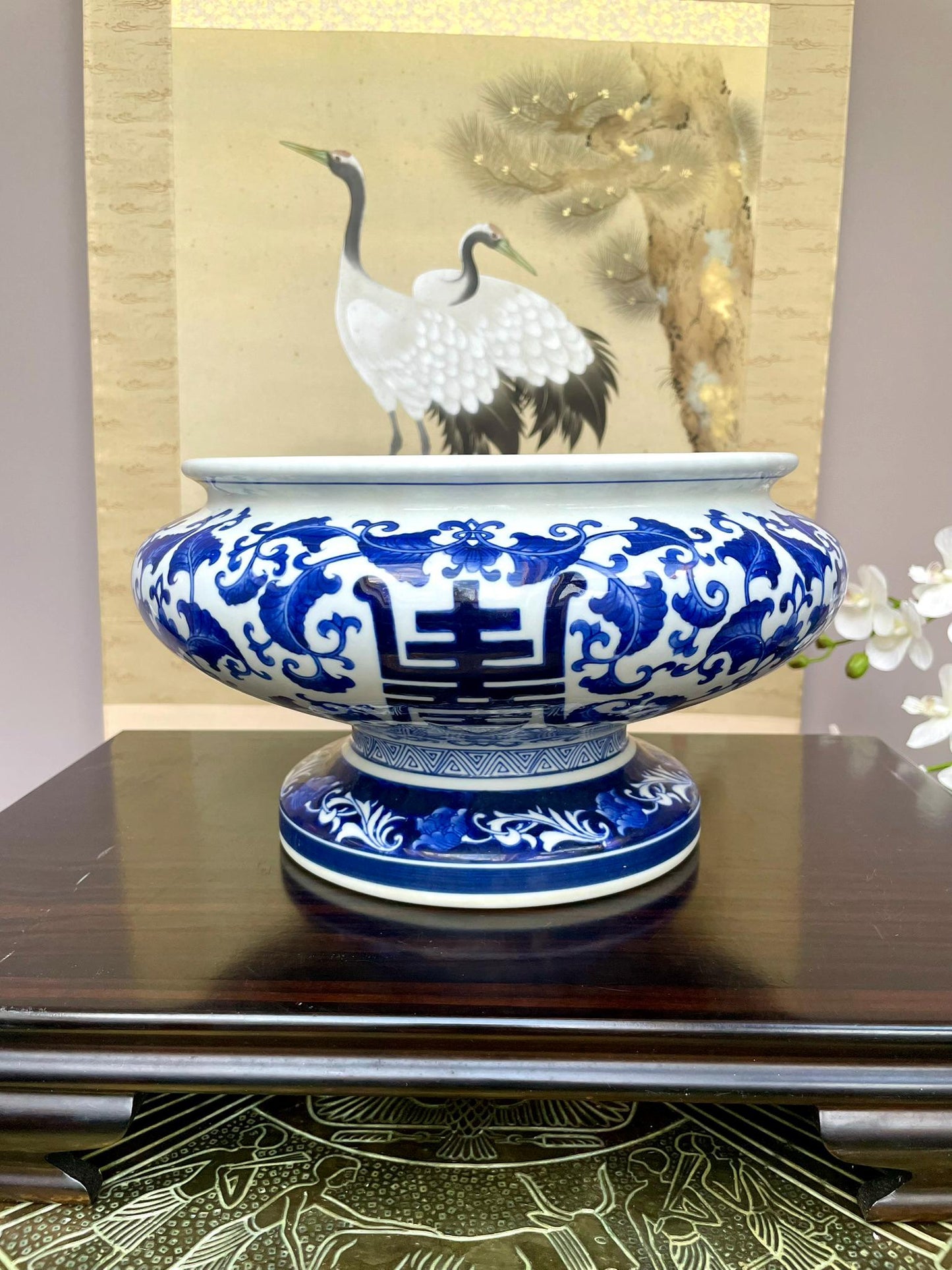 Large Blue and White Porcelain Footed Bowl – 33cm Decorative Centerpiece Vessel Large Pedestal bowl, chinoiserie