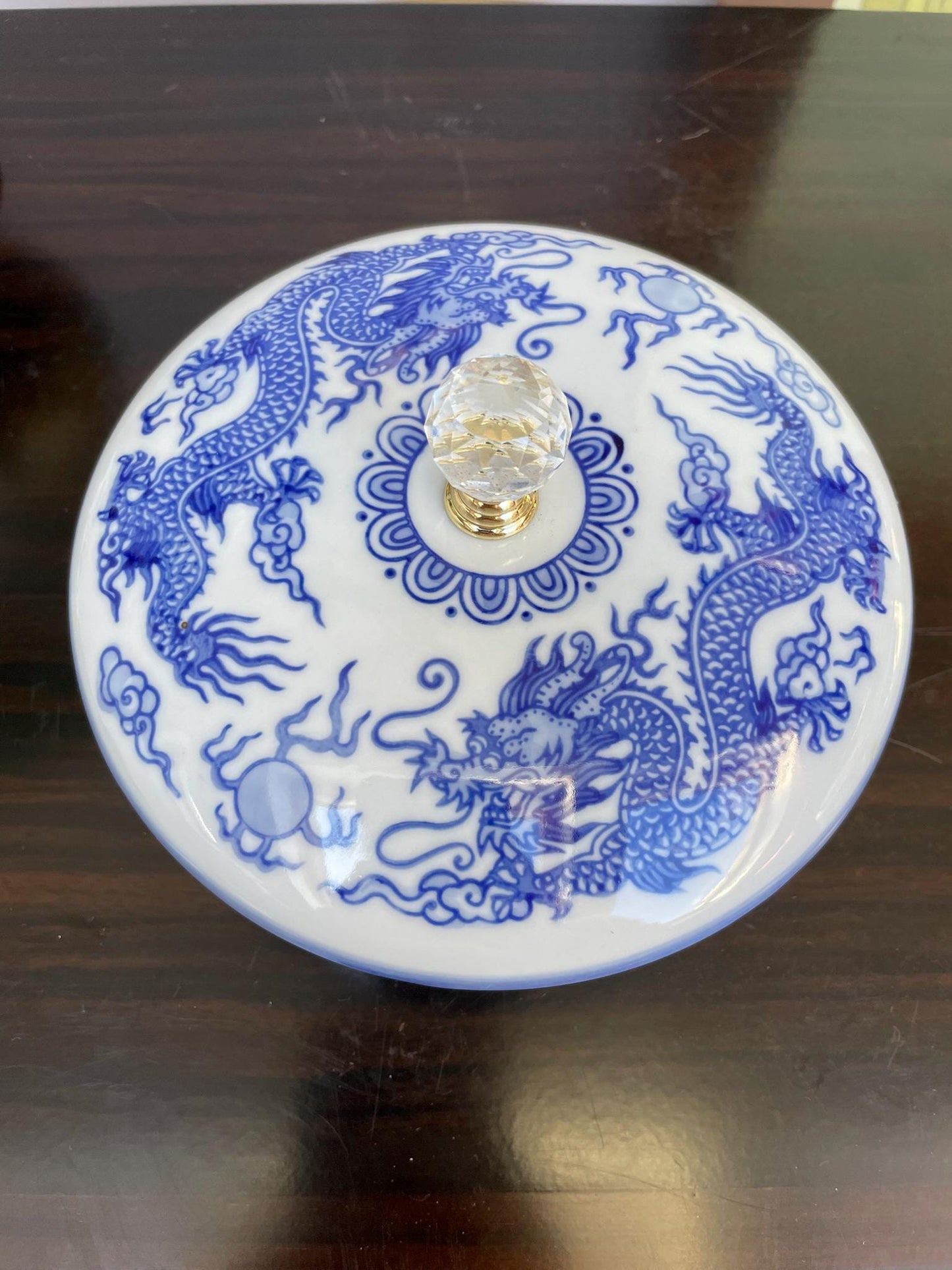 Hand-Crafted Blue and White Porcelain Dragon Jewellery Box - Lidded Trinket Jar with Crystal Knob - Chinoiserie Décor for Precious Items