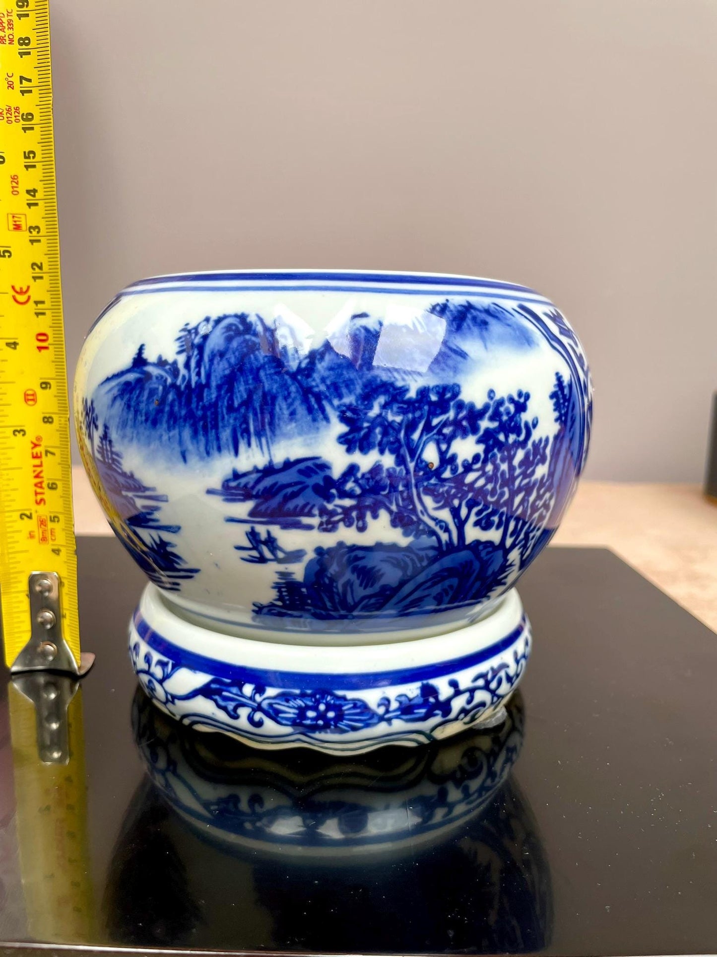 Blue and White Ceramic Vase with Stand | Traditional Chinese Landscape Design | Elegant Home Decor