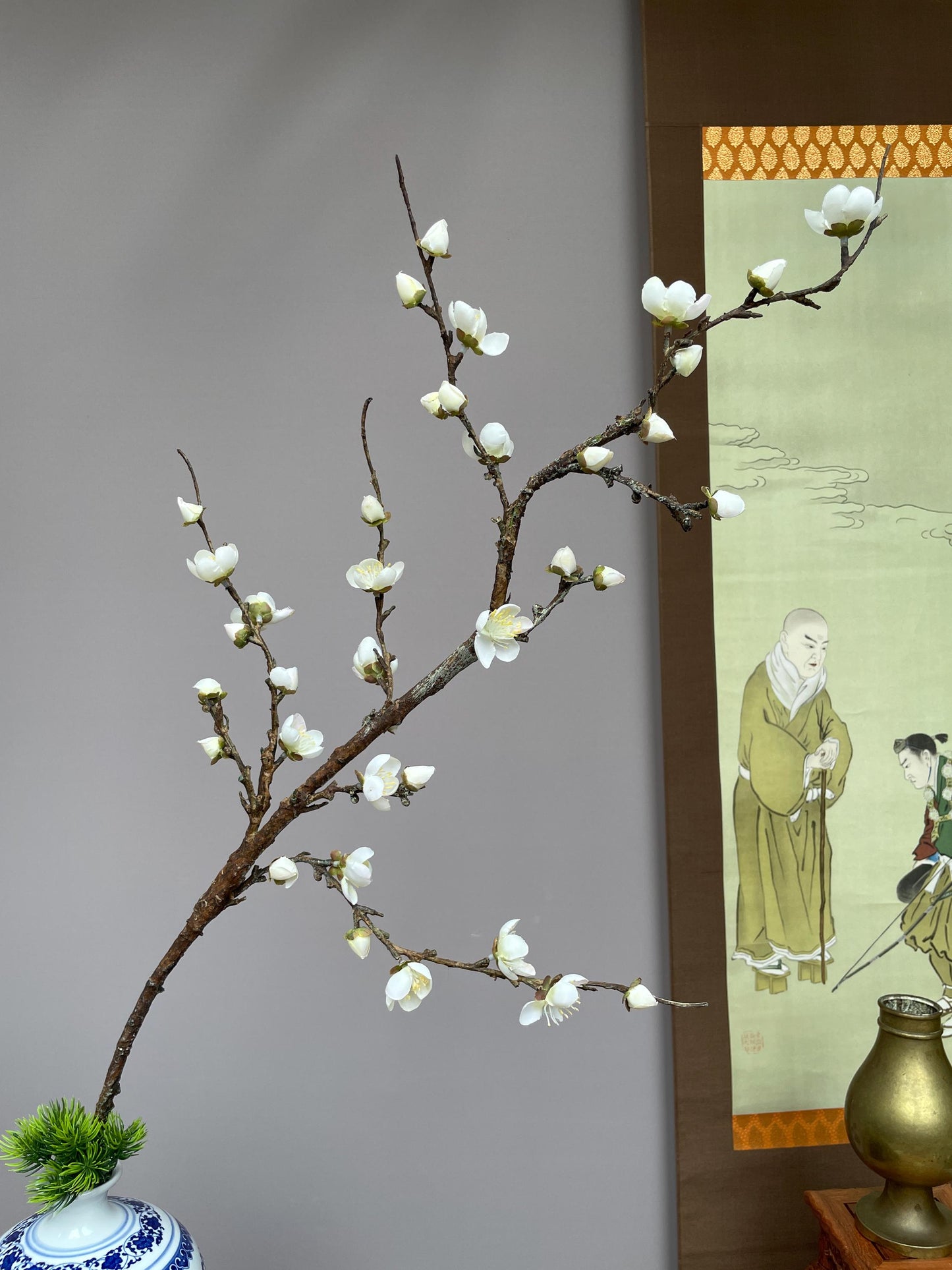Large Realistic White Plum Blossom Branch - Faux Winter Meihua Stem - Elegant Chinoiserie Decor Hand-Crafted Luxury Zen Floral