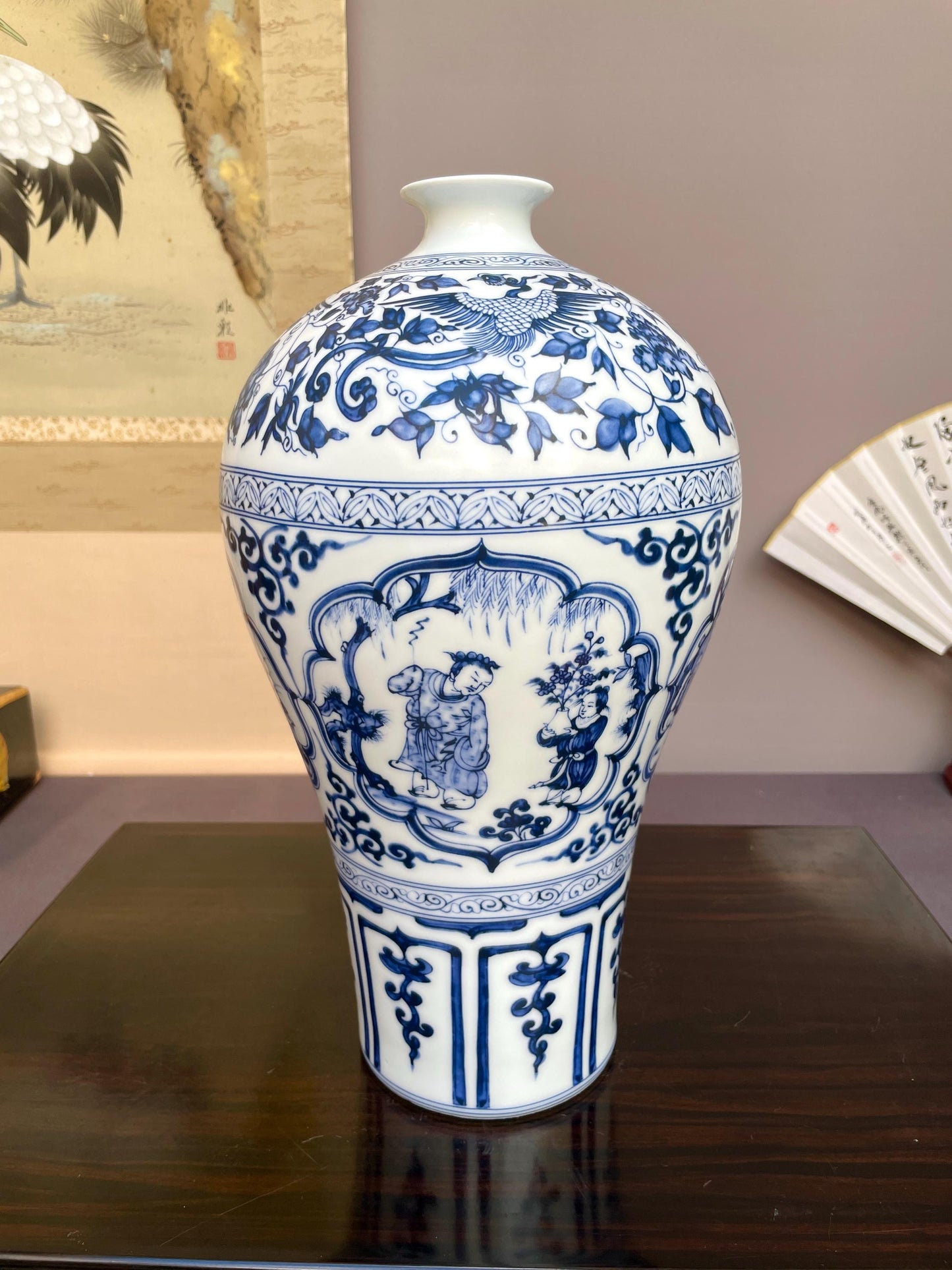 Hand Painted Blue and White Meiping Vase Porcelain Plum Vase Ceramic Chinoiserie Figural Motif Luxury Oriental Art Fine Pottery Centerpiece